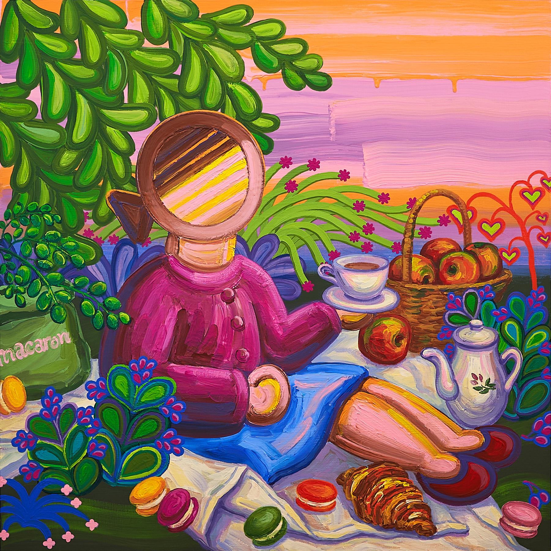 Saerom Jeong Figurative Painting - A Woman Having a Tea at Sunset