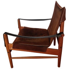 Safari Antilop Chair by Hans Olsen, Suede Seat, Leather Arms, Oak Frame, 1950s