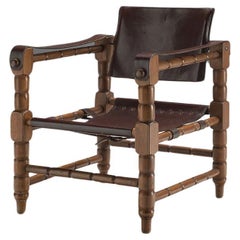 Retro Safari Armchair in Brown Leather with Sculptural Wooden Frame