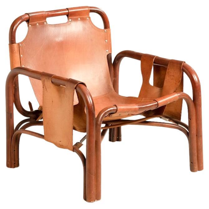 Fauteuil Safari en cuir et bambou par Tito Agnoli, 1960s en vente