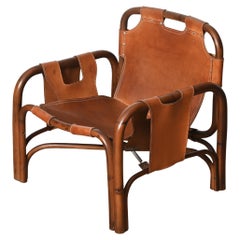 Fauteuil Safari en cuir et rotin de Tito Agnoli, Italie, années 1960