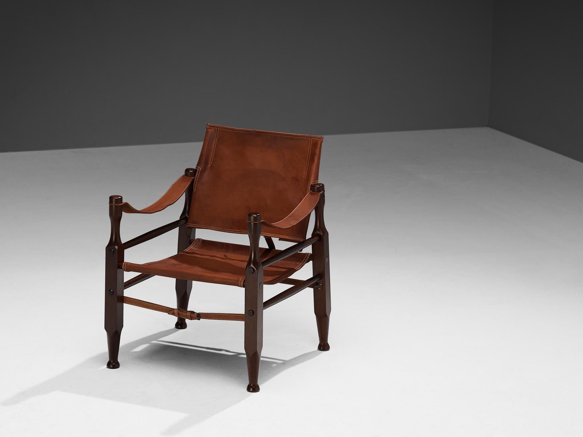 Safari-Sessel aus cognacfarbenem Naturleder (Buchenholz) im Angebot