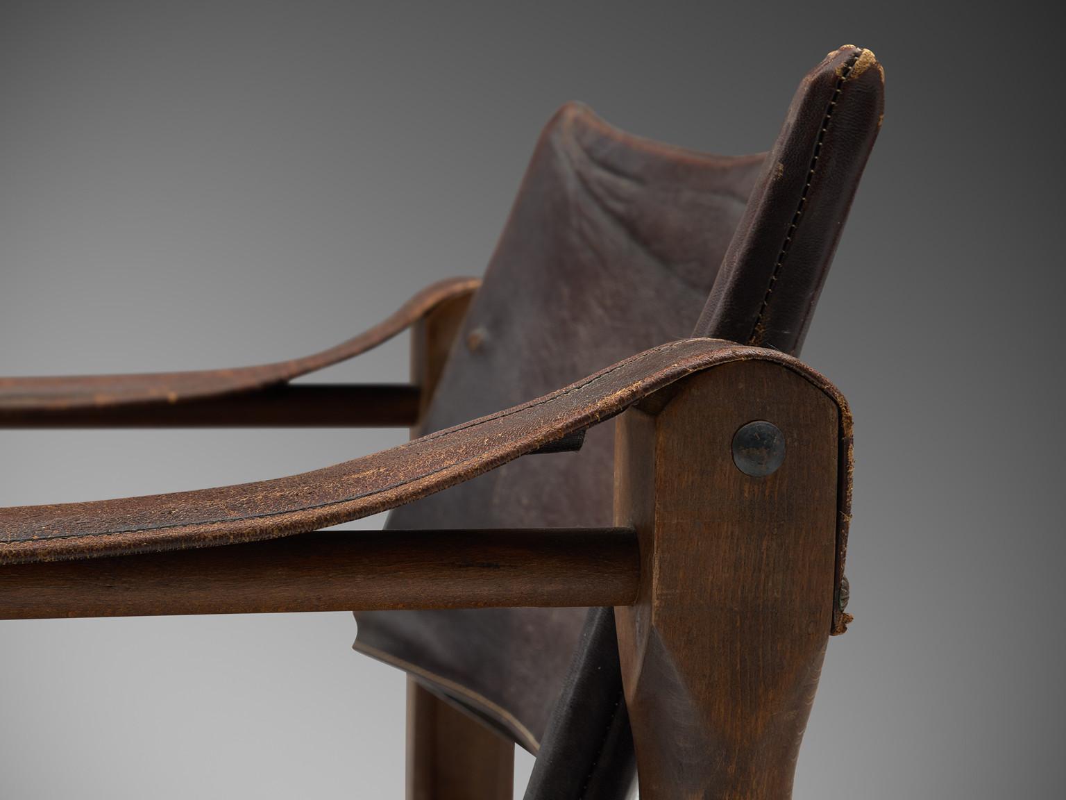 Safari-Sessel mit skulpturalem Gestell aus patiniertem braunem Leder im Angebot 3