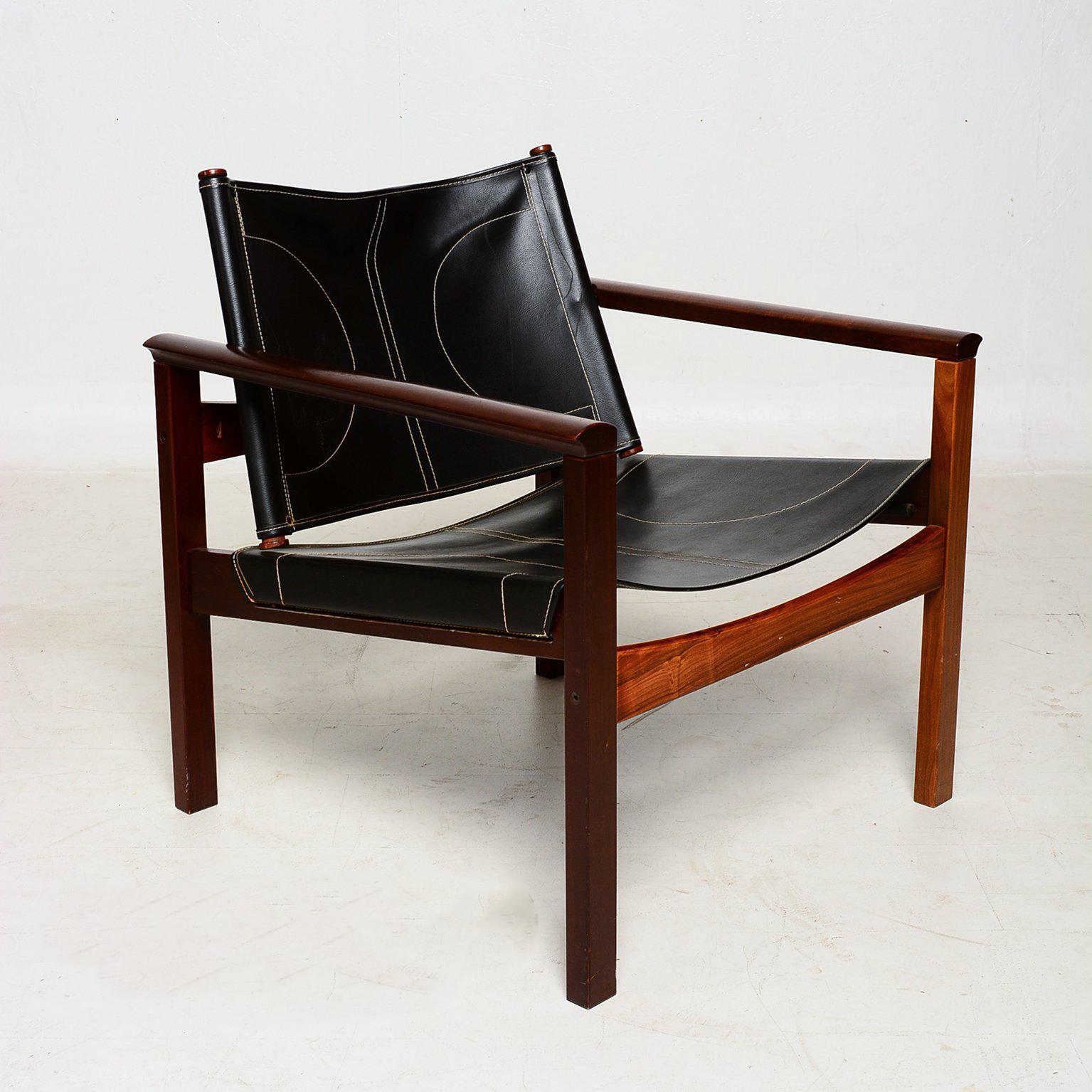 Mid-Century Modern Safari Armchairs Leather and Rosewood Michel Arnoult