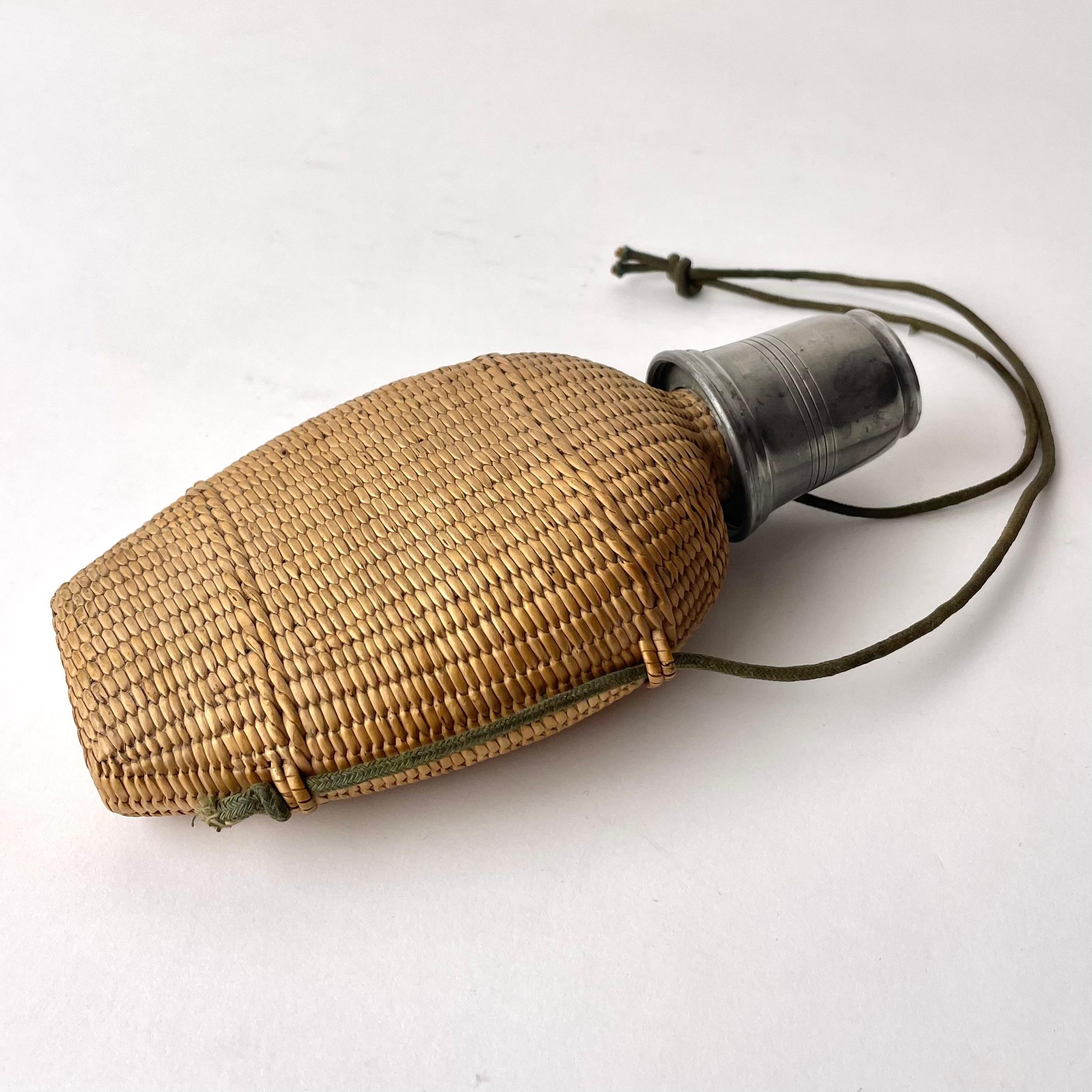 European Safari Canteen Bottle, Rattan, Glass and Tin, probably late 19th C/early 20th C For Sale