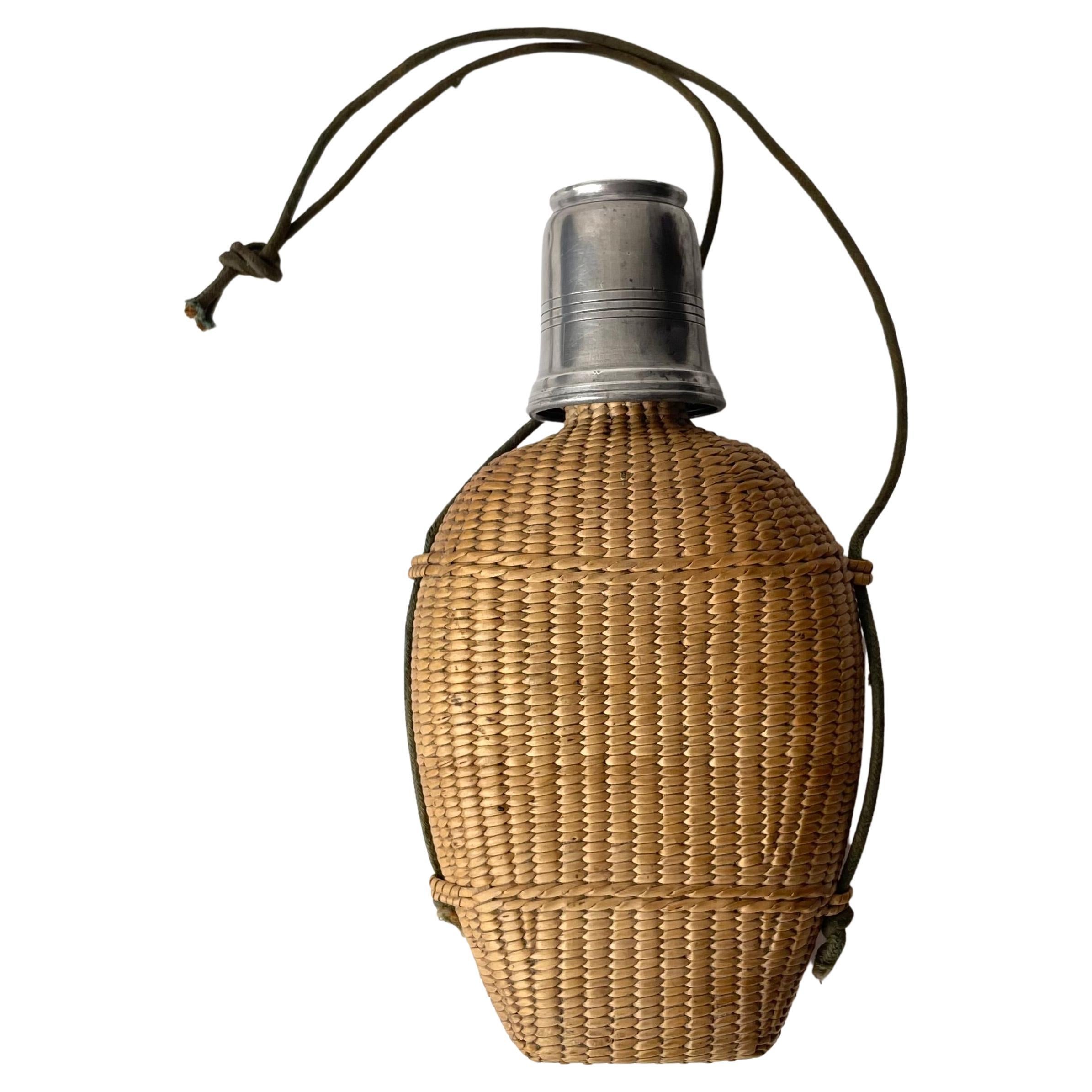 Safari Canteen Bottle, Rattan, Glass and Tin, probably late 19th C/early 20th C For Sale