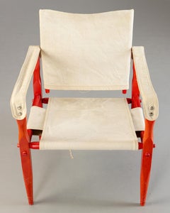 1960s Safari Chair, Red Painted Wood & Cotton, Retro Design, Vintage