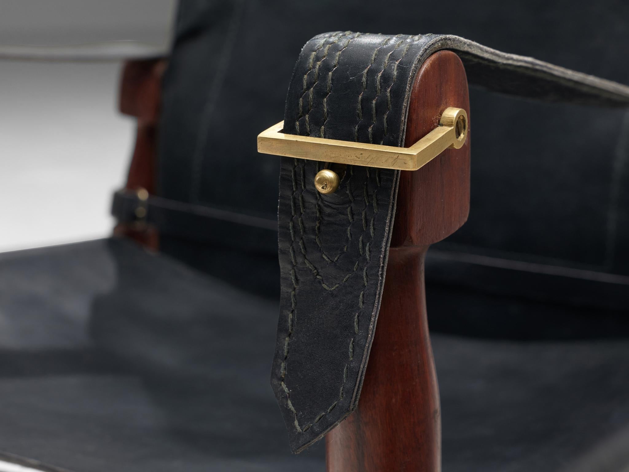 Mid-Century Modern Safari Chair in Black Leather Wood Brass For Sale