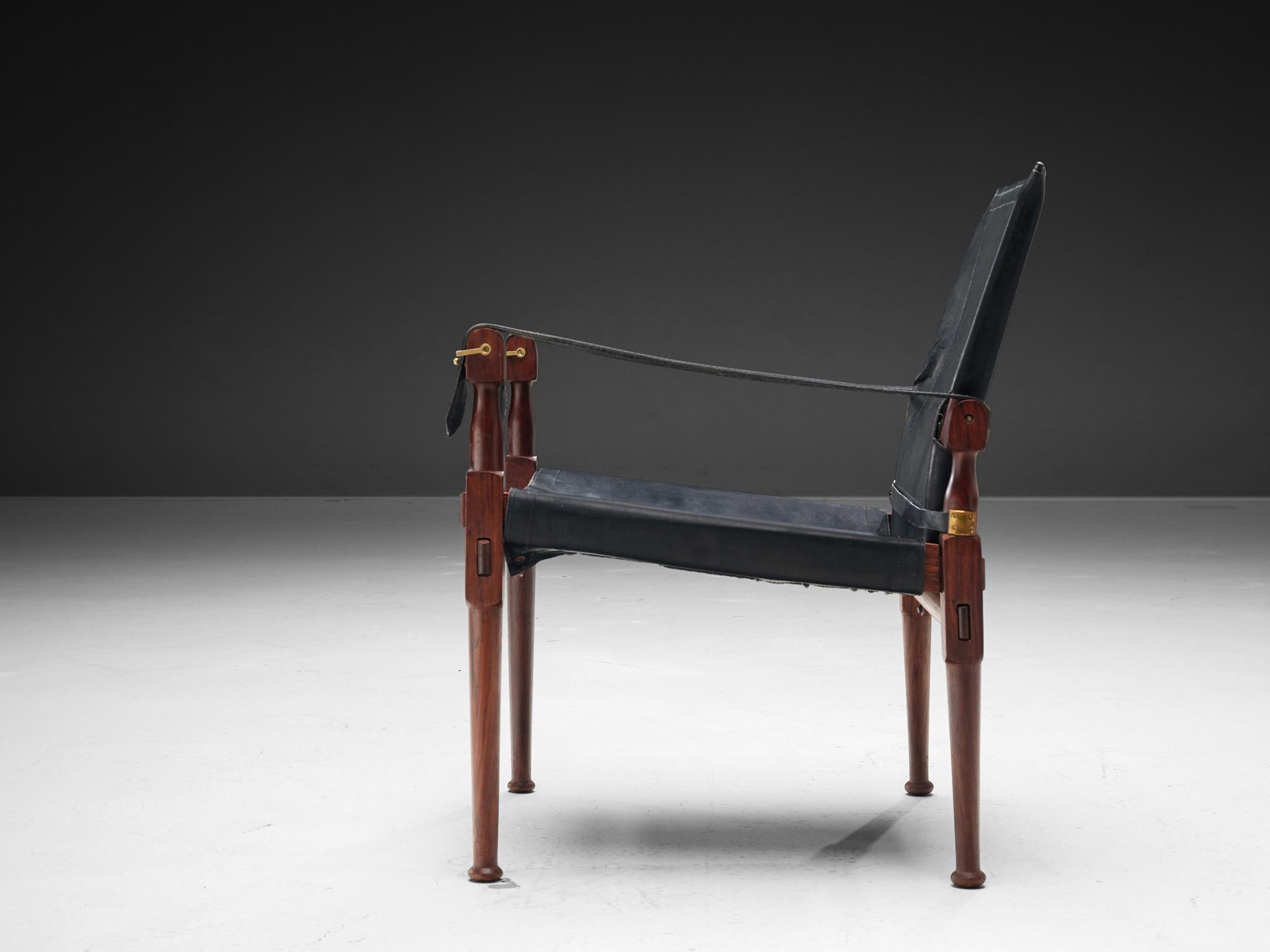 Safari Chair in Black Leather Wood Brass In Good Condition For Sale In Waalwijk, NL