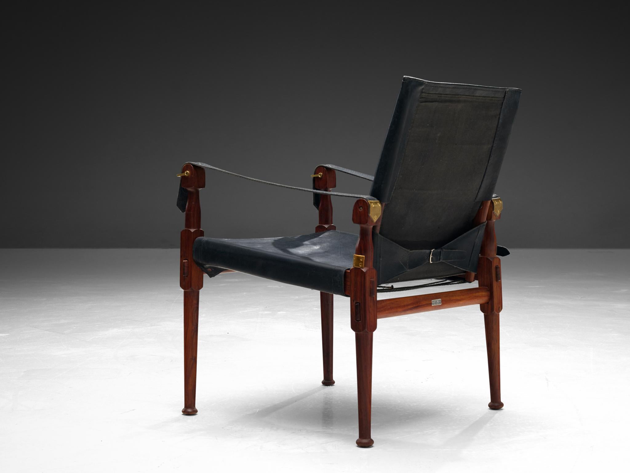 Late 20th Century Safari Chair in Black Leather Wood Brass For Sale