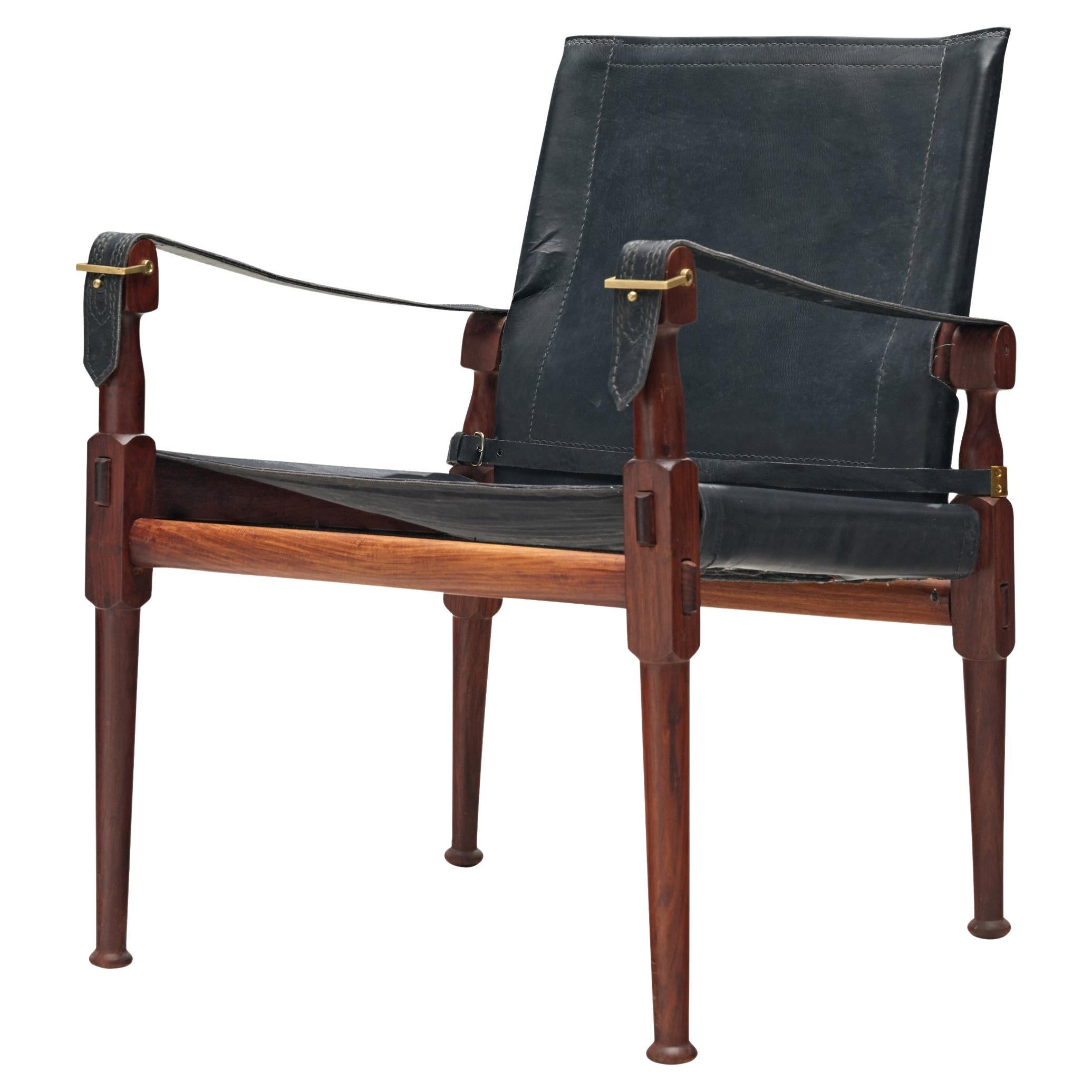 Safari Chair in Black Leather Wood Brass