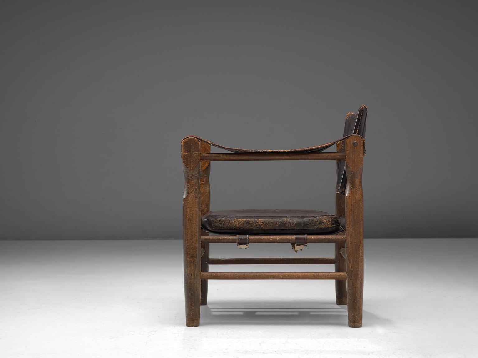 European Safari Chair in Patinated Brown Leather and Oak, 1940s