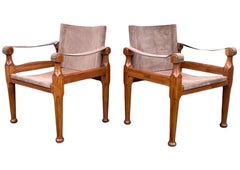 Pair of Campaign Safari Chairs Suede and Teak Open Frame With Sling Arms