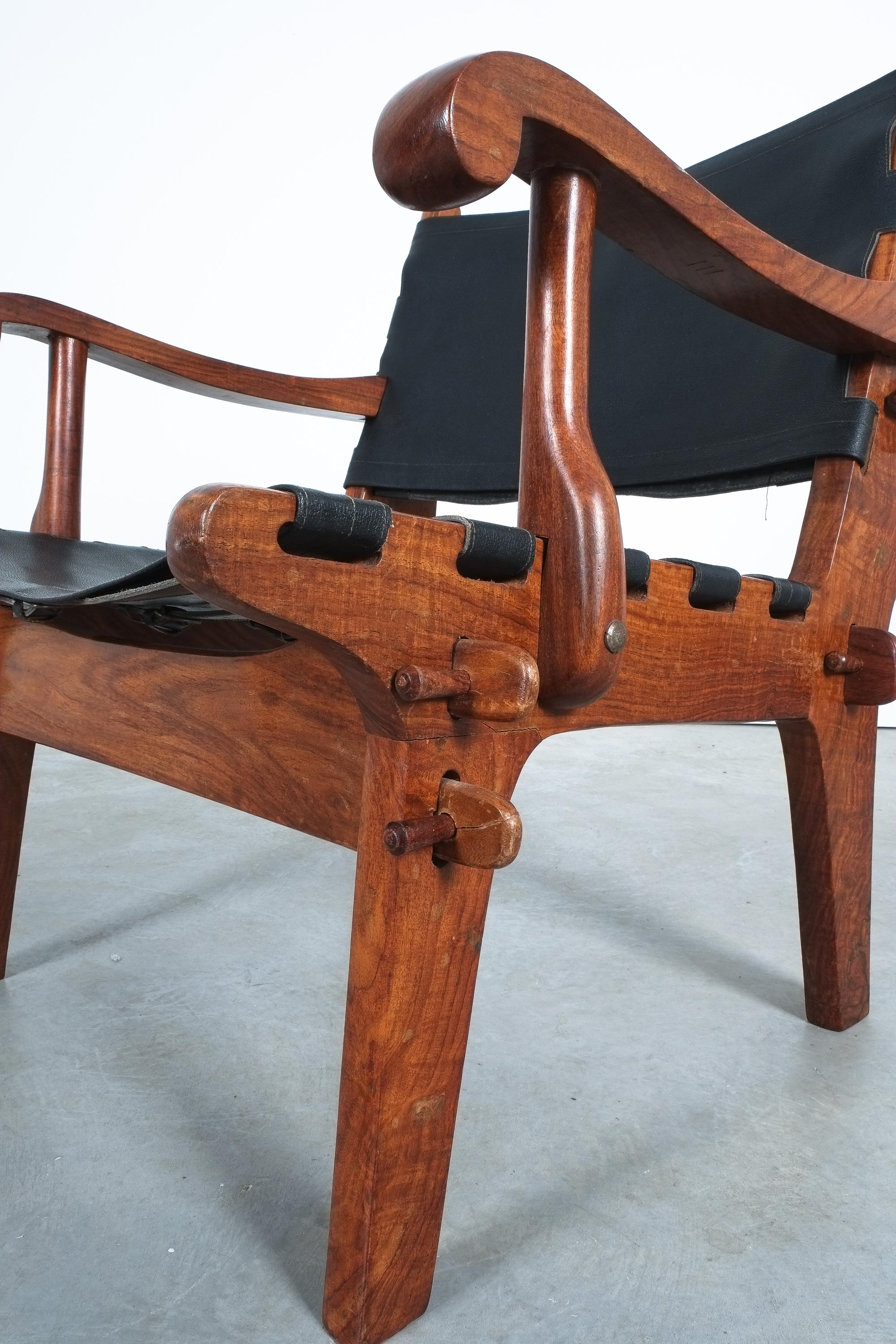 Safari Chairs Angel Pazmino Rosewood Hunting Armchairs Black Original Leather For Sale 2