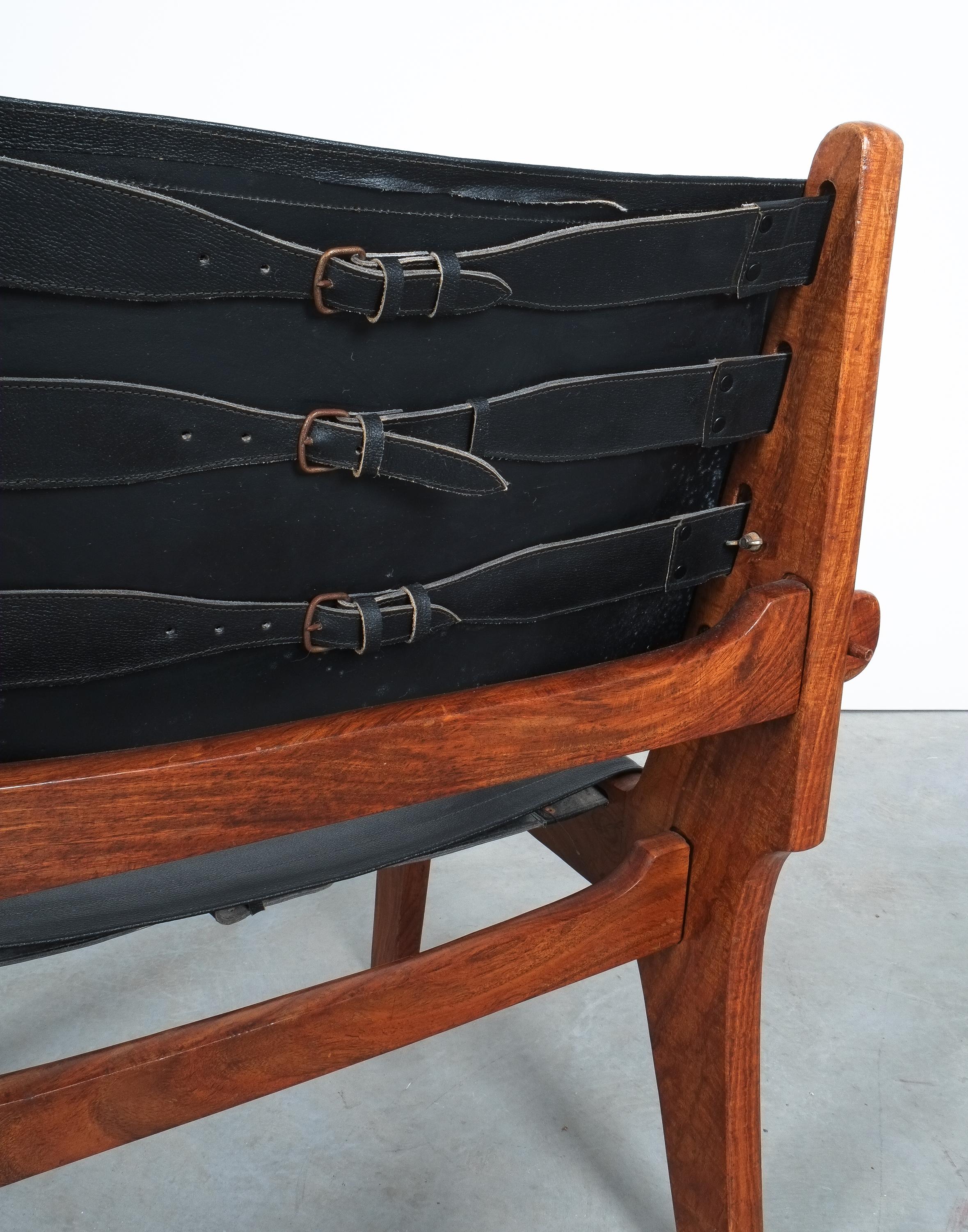 Safari Chairs Angel Pazmino Rosewood Hunting Armchairs Black Original Leather For Sale 5