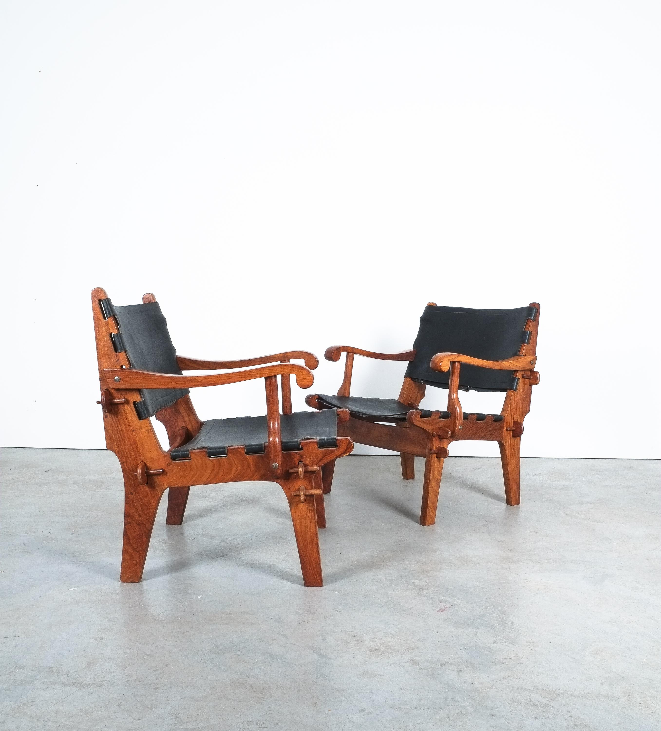Safari Chairs Angel Pazmino Rosewood Hunting Armchairs Black Original Leather For Sale 6
