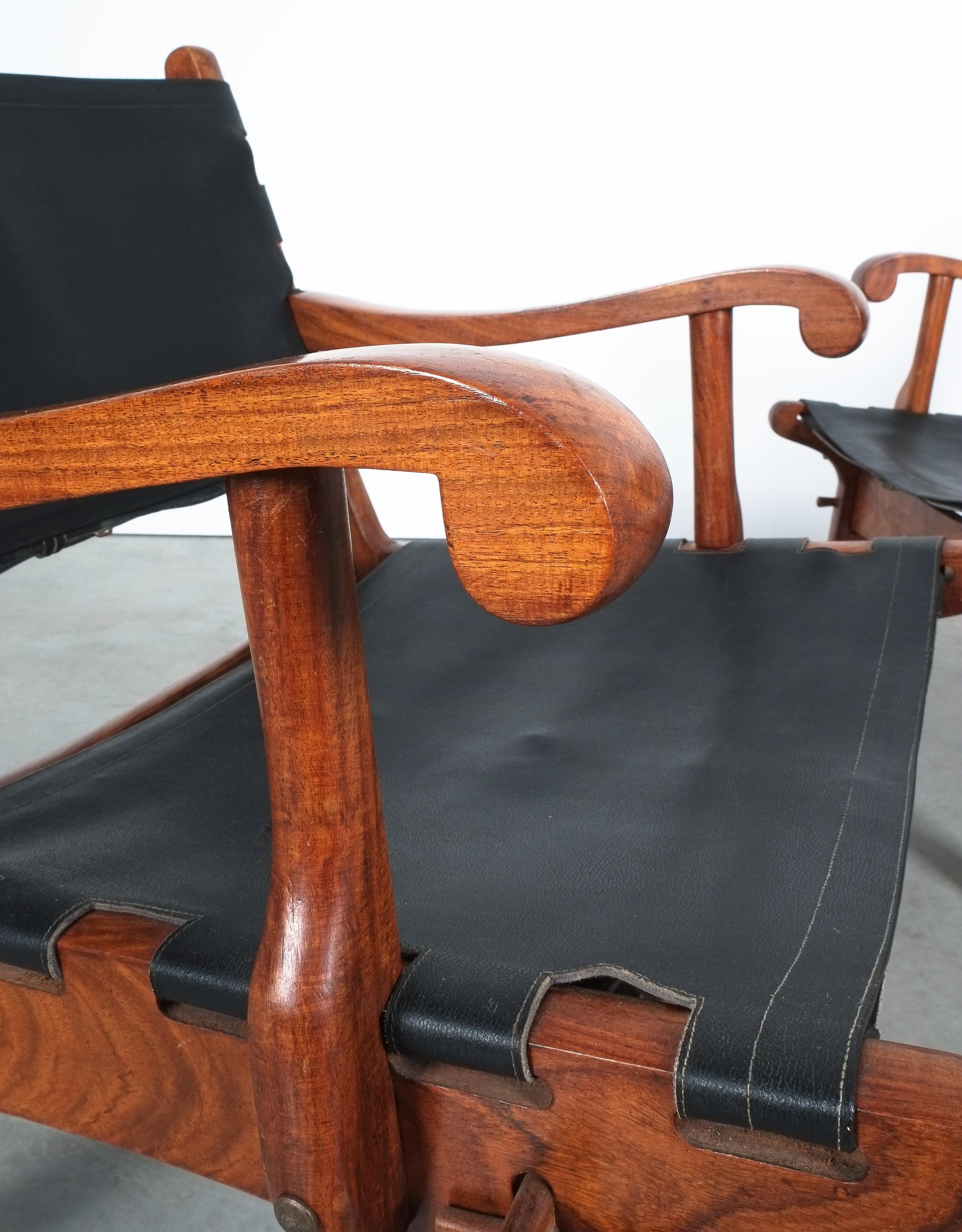 Mid-Century Modern Safari Chairs Angel Pazmino Rosewood Hunting Armchairs Black Original Leather For Sale
