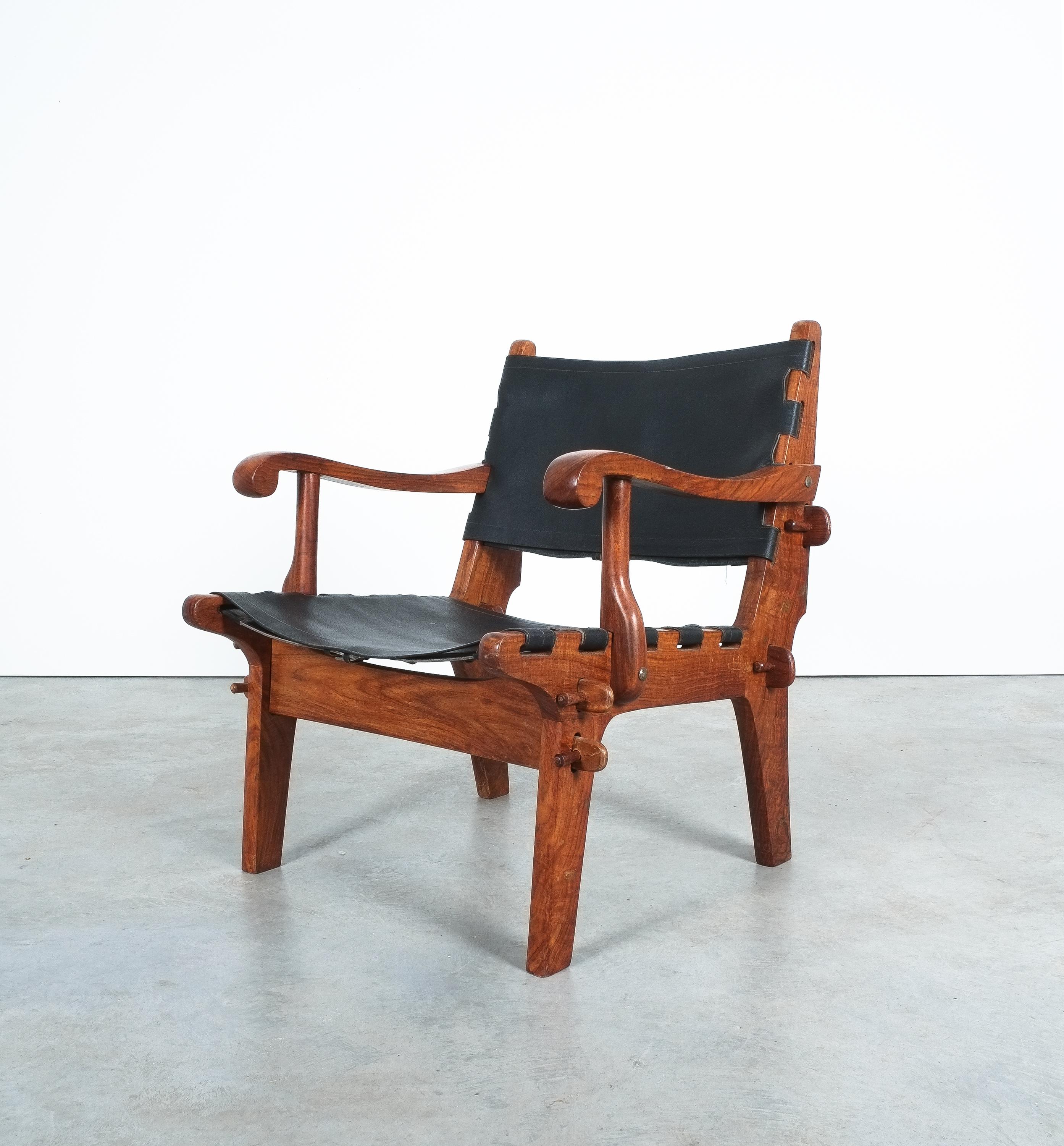 Safari-Sessel Angel Pazmino aus Rosenholz, Jagdsessel, schwarzes Original-Leder (Mitte des 20. Jahrhunderts) im Angebot