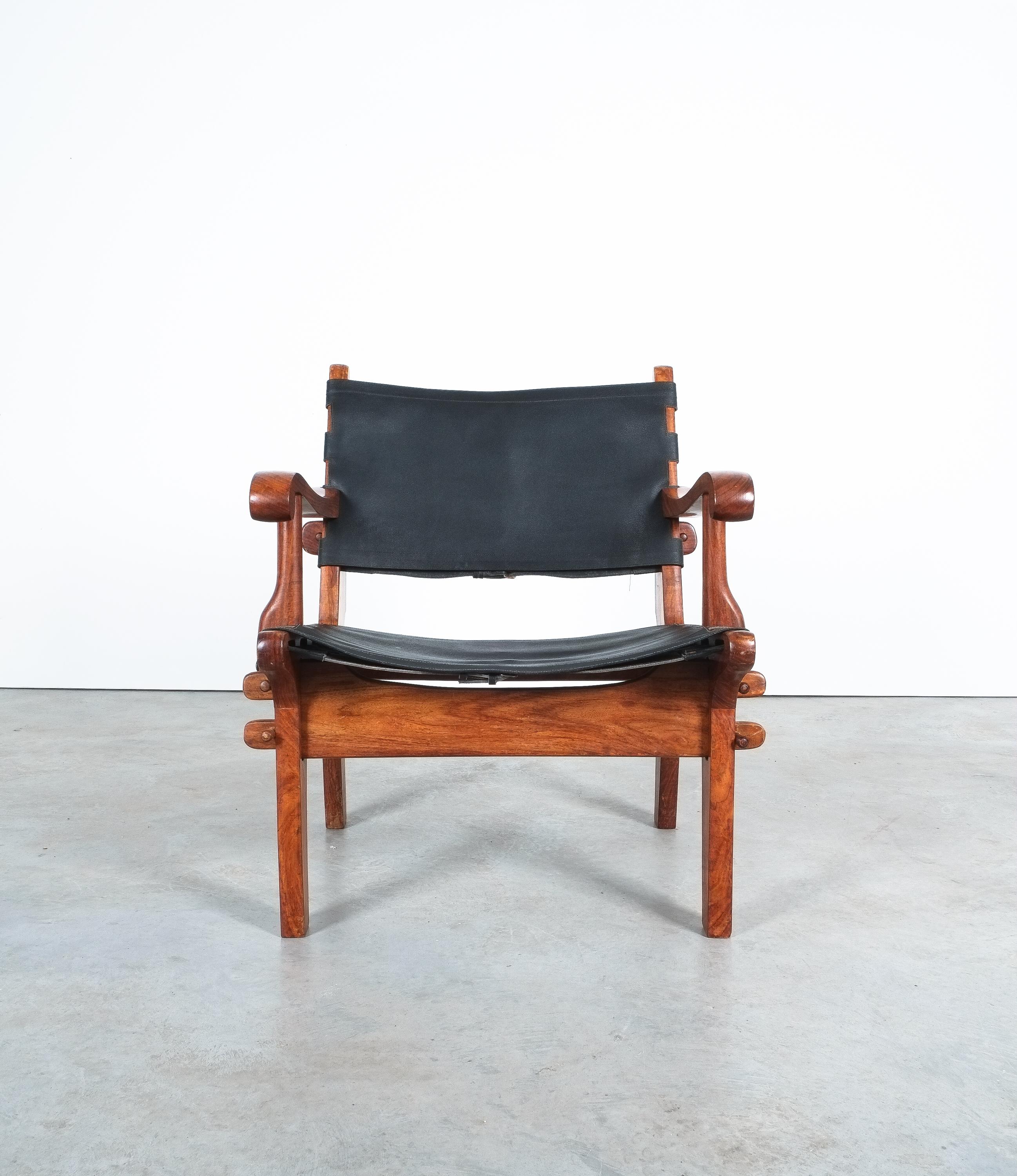 Mid-20th Century Safari Chairs Angel Pazmino Rosewood Hunting Armchairs Black Original Leather For Sale