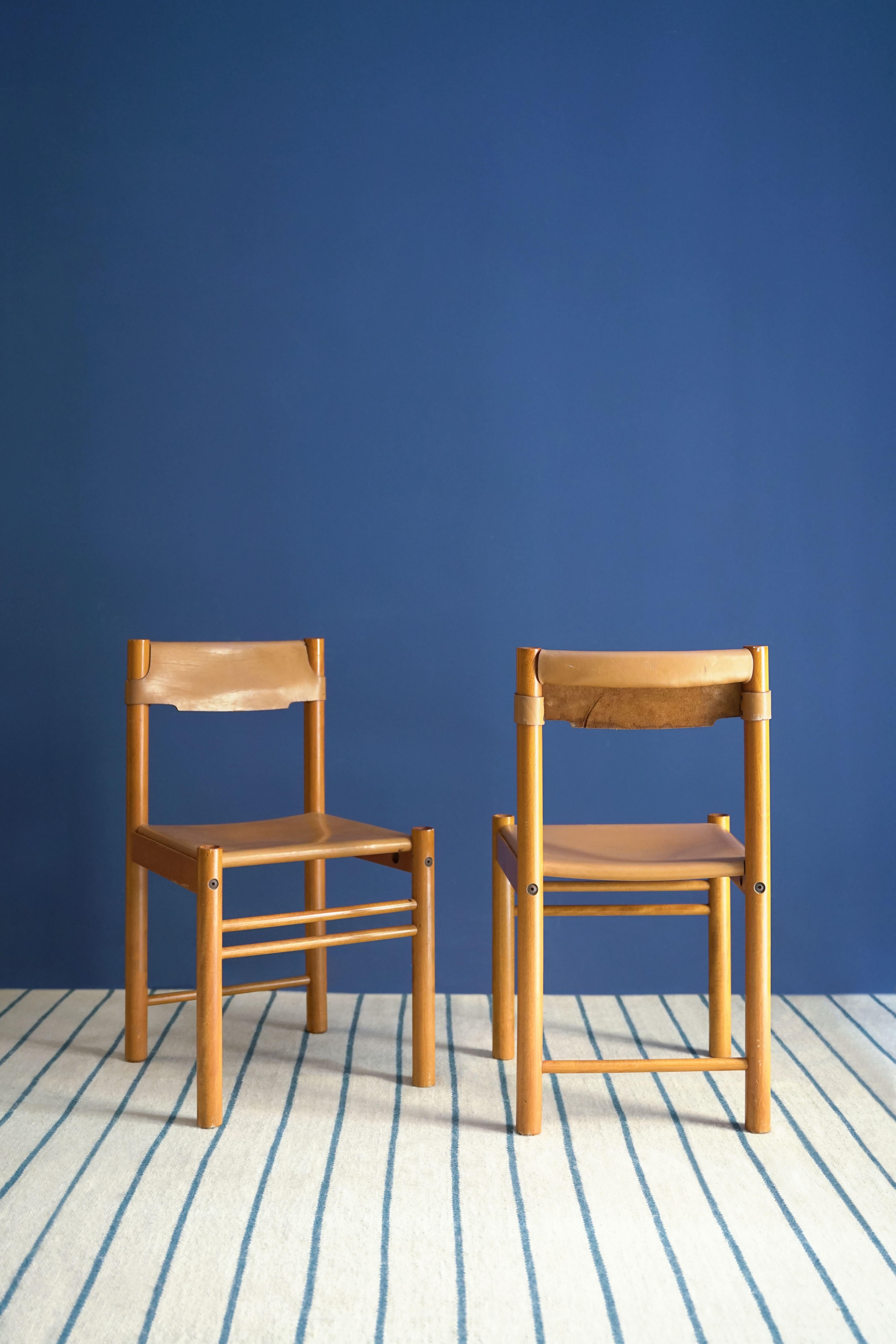 Set of 6 Safari chairs by Ibisco Sedie, beech wood and leather. Made in Italy, 1960s.


