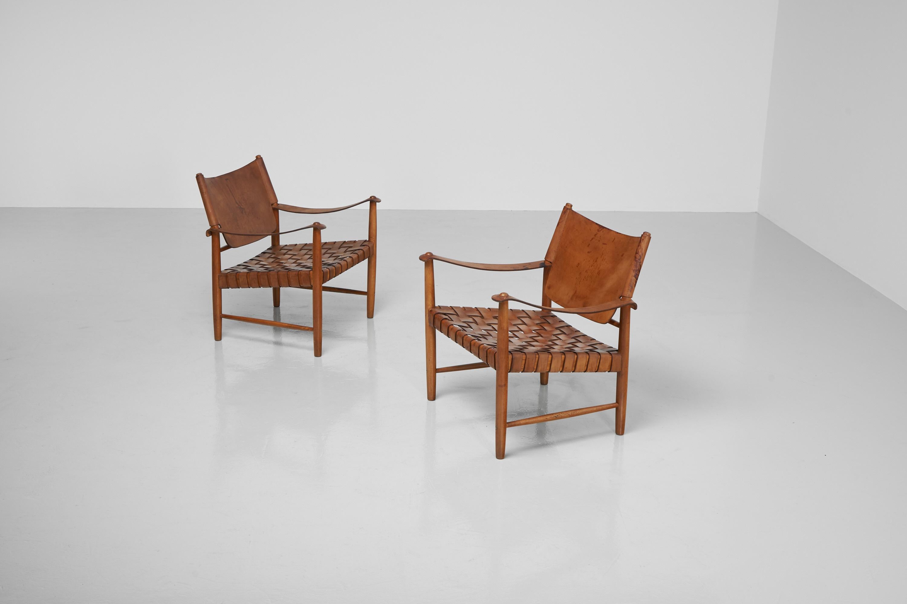 Scandinavian Modern Safari Chairs in Oak and Leather, Sweden, 1950