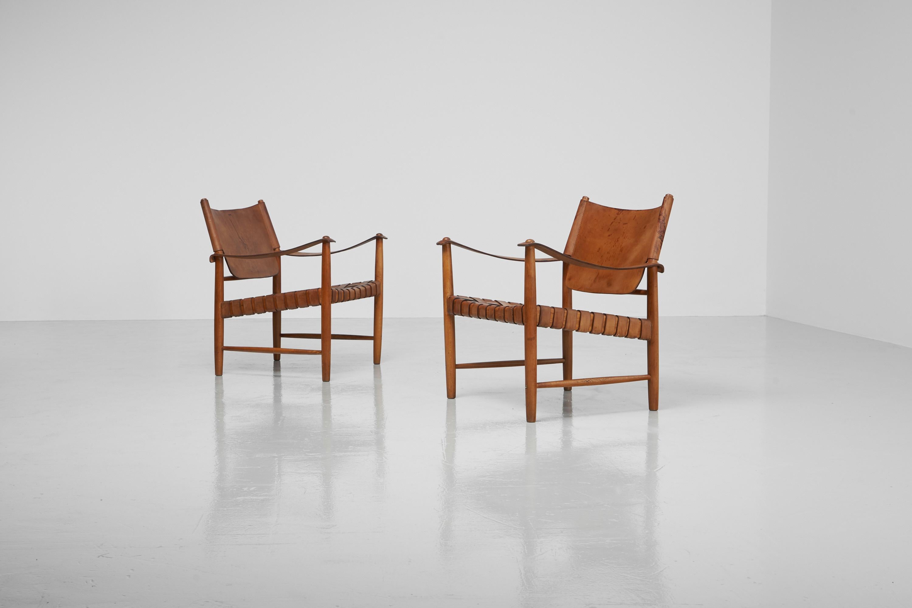 Swedish Safari Chairs in Oak and Leather, Sweden, 1950