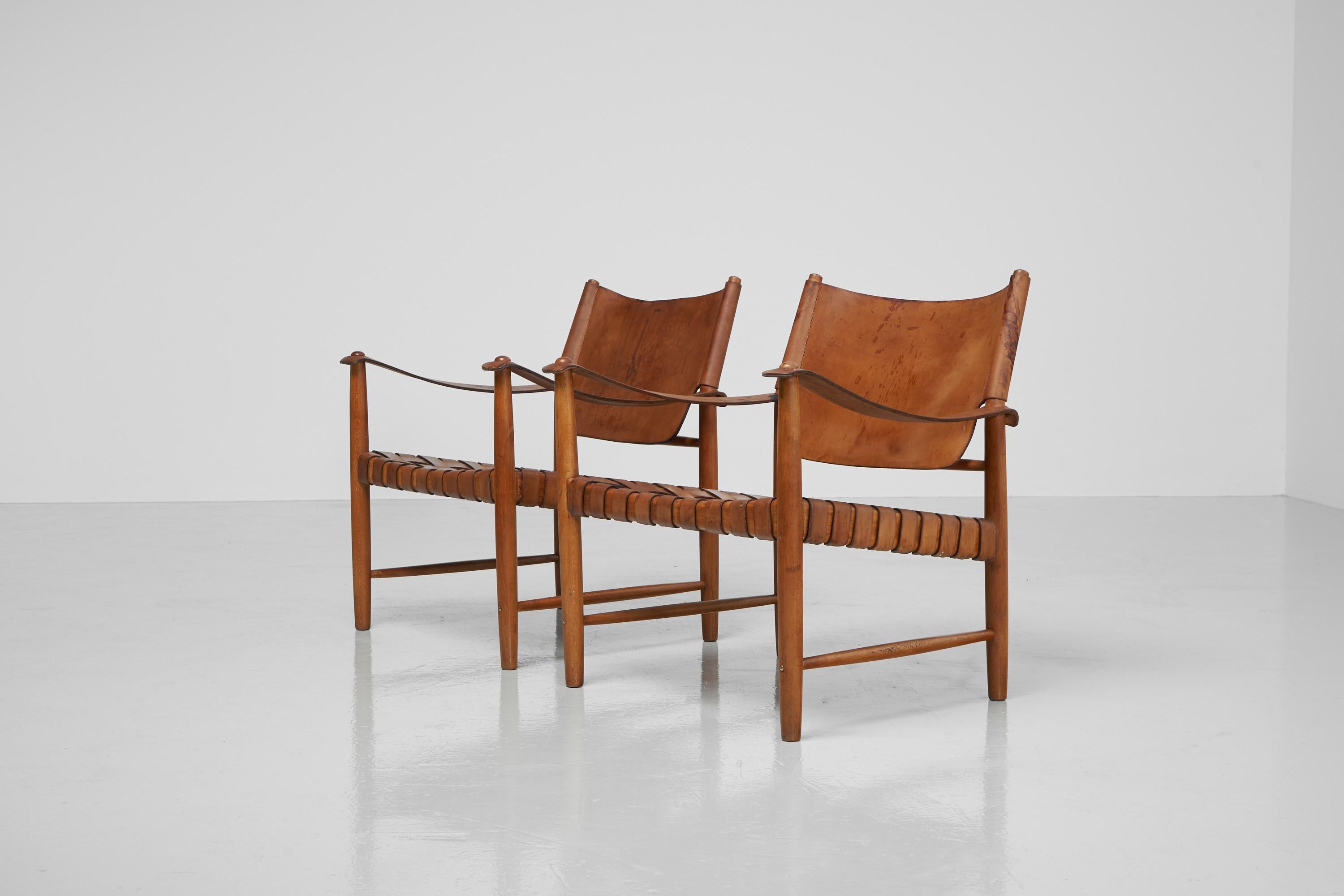 Safari Chairs in Oak and Leather, Sweden, 1950 In Good Condition In Roosendaal, Noord Brabant