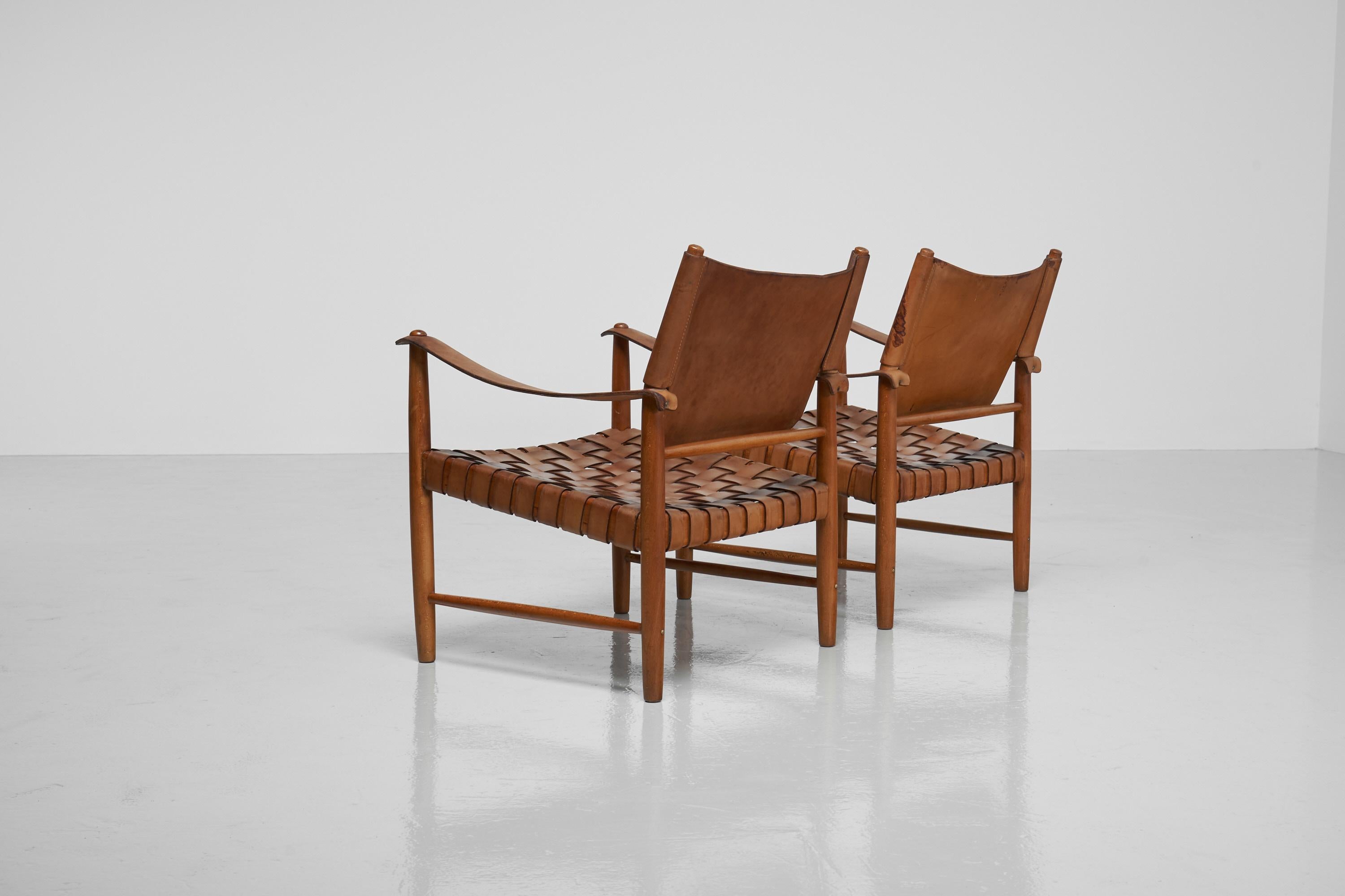Mid-20th Century Safari Chairs in Oak and Leather, Sweden, 1950