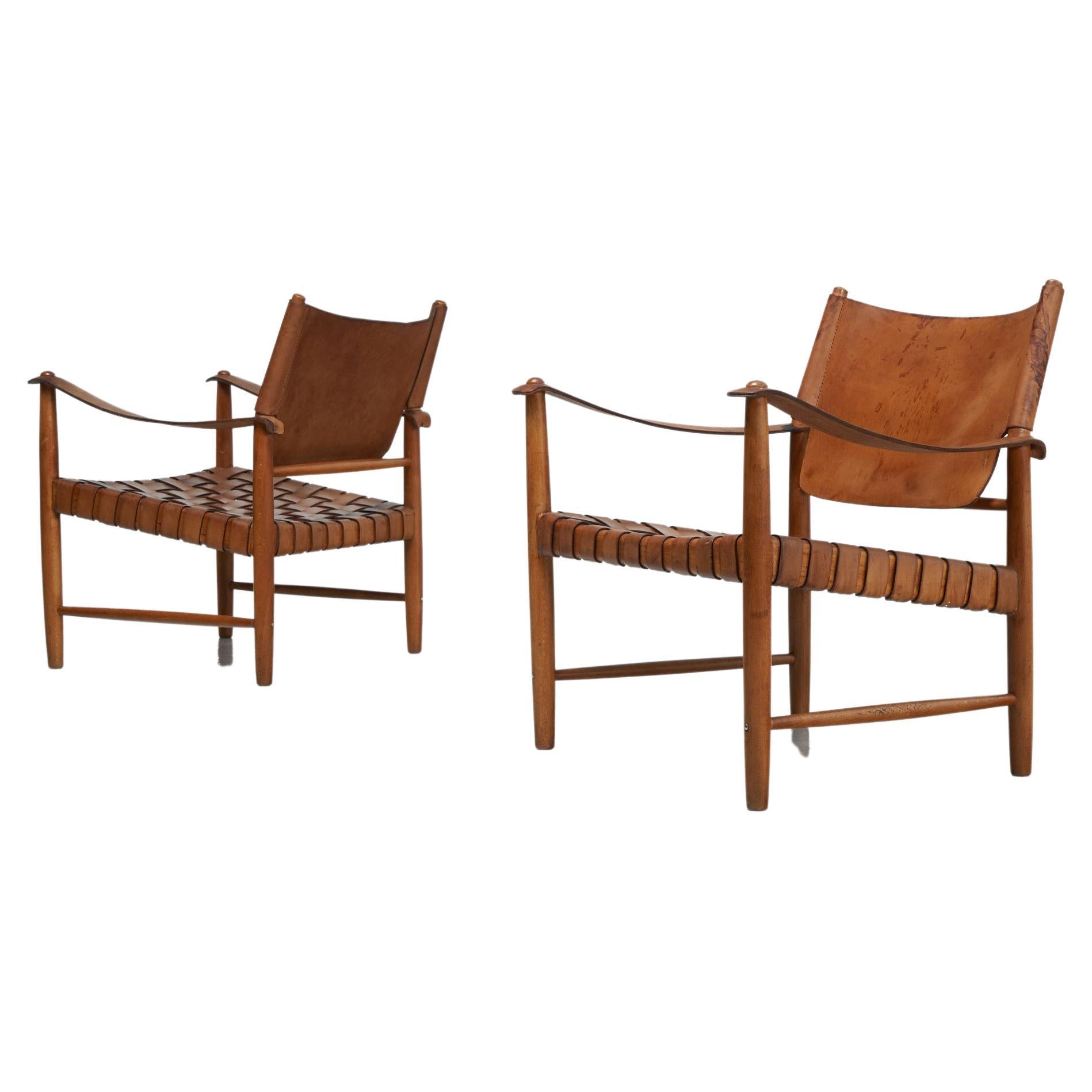 Safari Chairs in Oak and Leather, Sweden, 1950