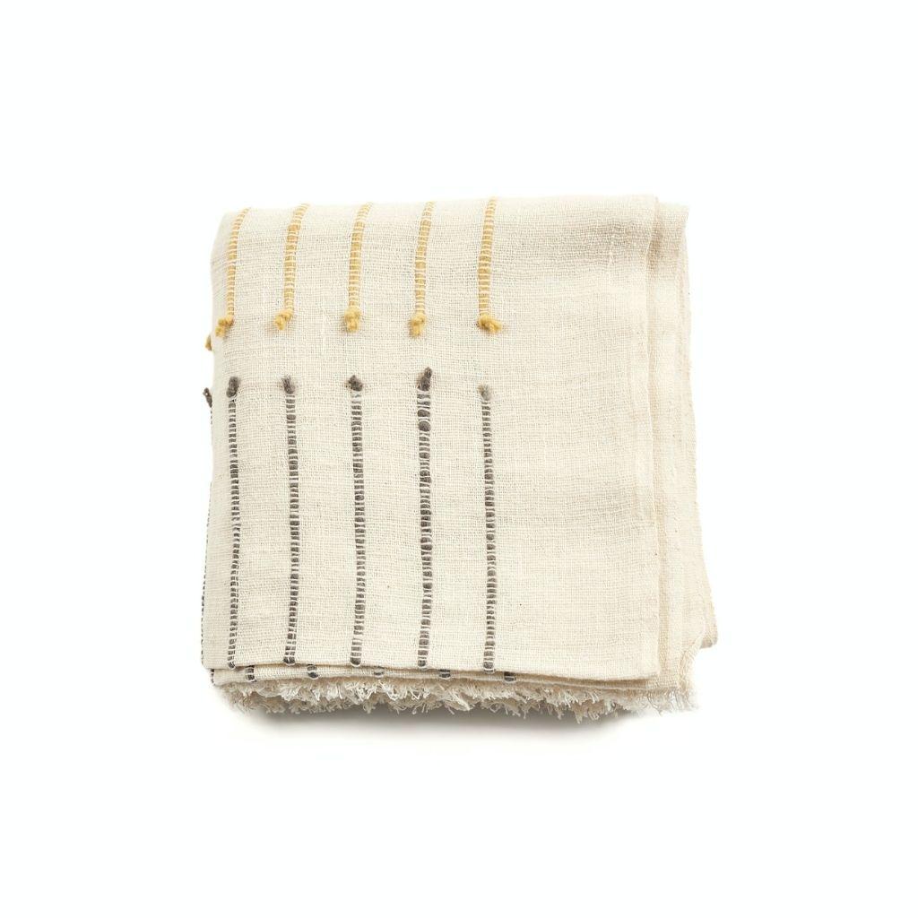 Hand-Woven Safari Handloom White Merino Organic Cotton Throw, Hand Knotted Stripes Design For Sale