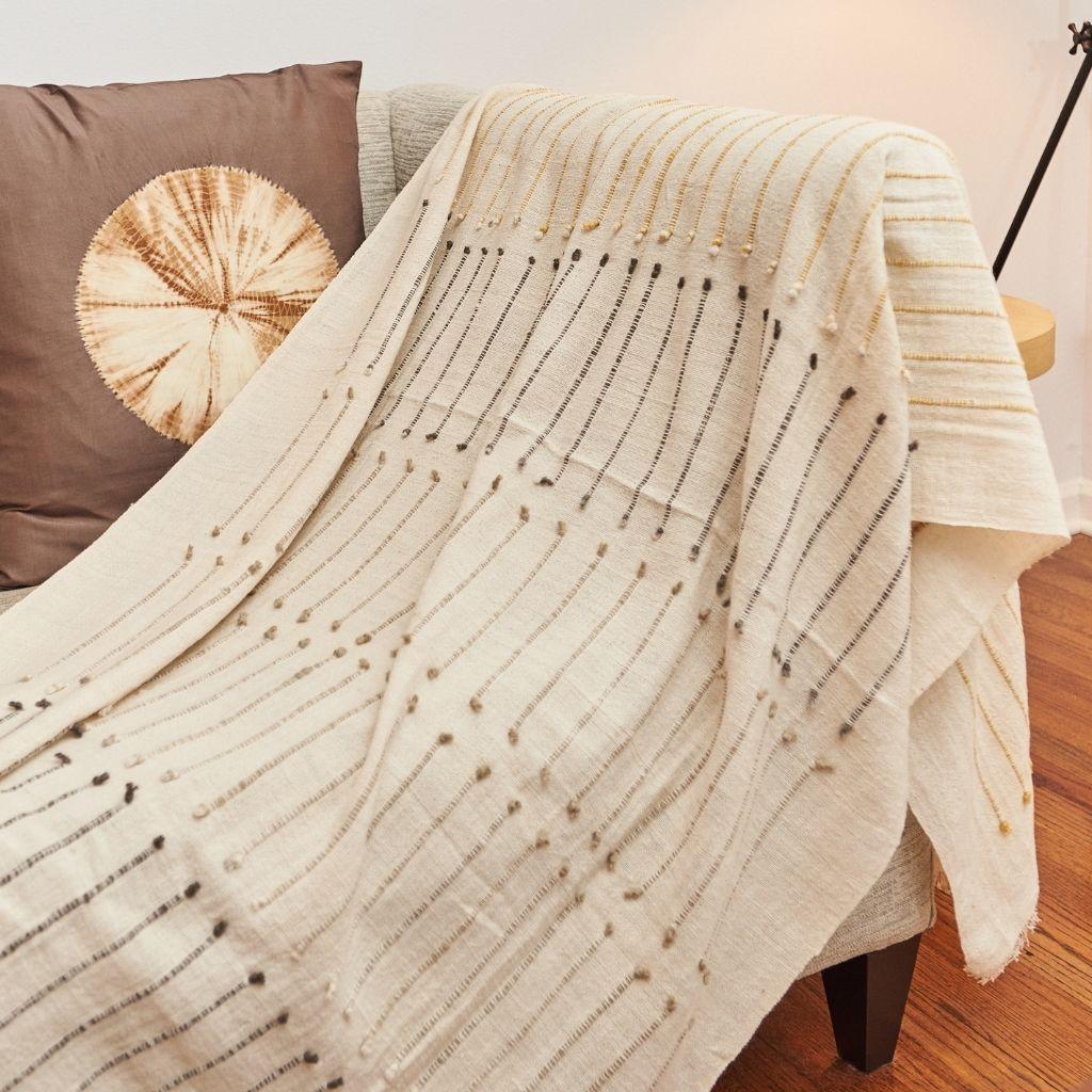 Safari Handloom White Merino Organic Cotton Throw, Hand Knotted Stripes Design In New Condition For Sale In Bloomfield Hills, MI