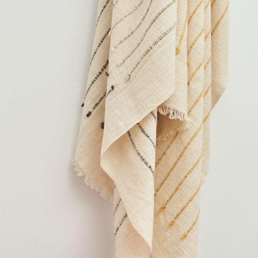 Contemporary Safari Handloom White Merino Organic Cotton Throw, Hand Knotted Stripes Design For Sale