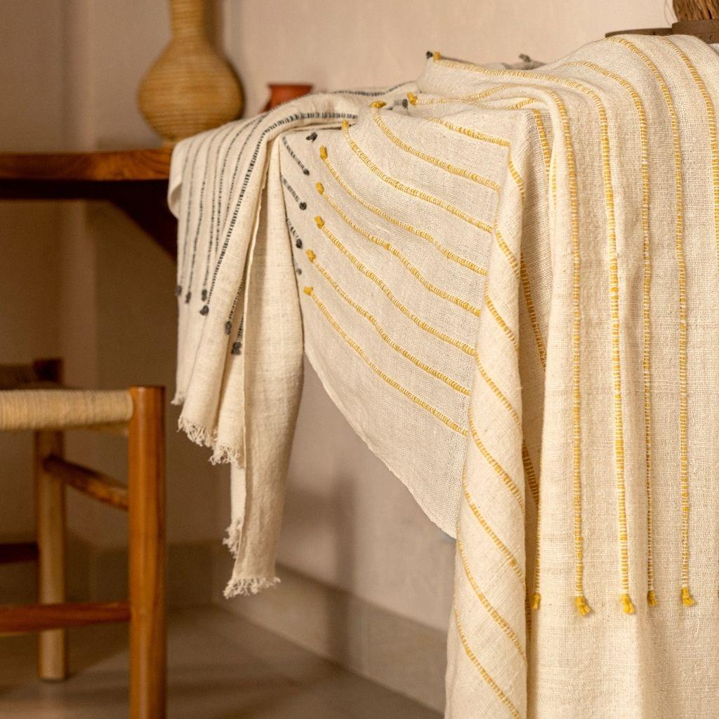 Yarn Safari Handloom White Merino Organic Cotton Throw, Hand Knotted Stripes Design For Sale