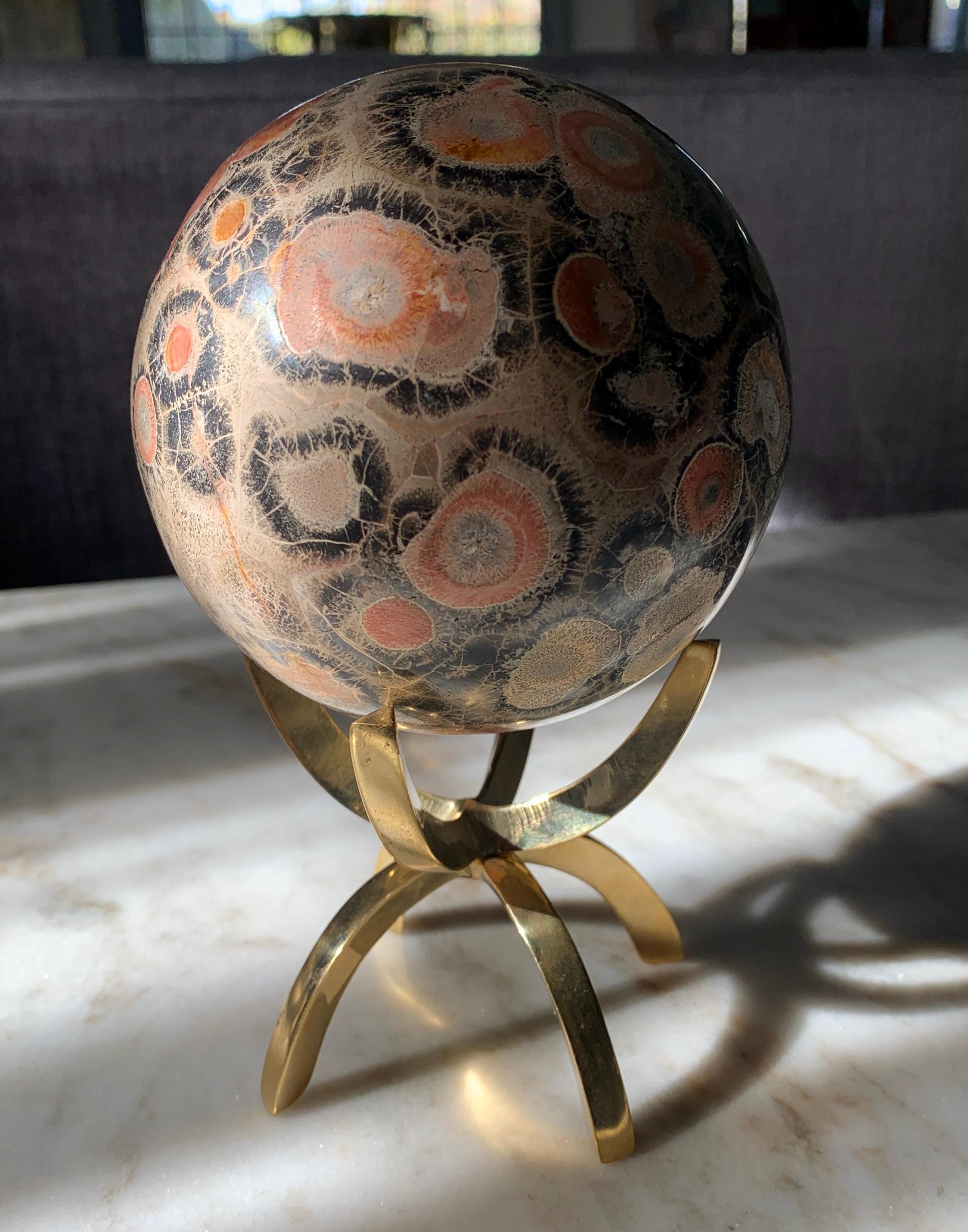 Organic Modern Safari Jasper Marble Stone Sphere on Brass Stand For Sale