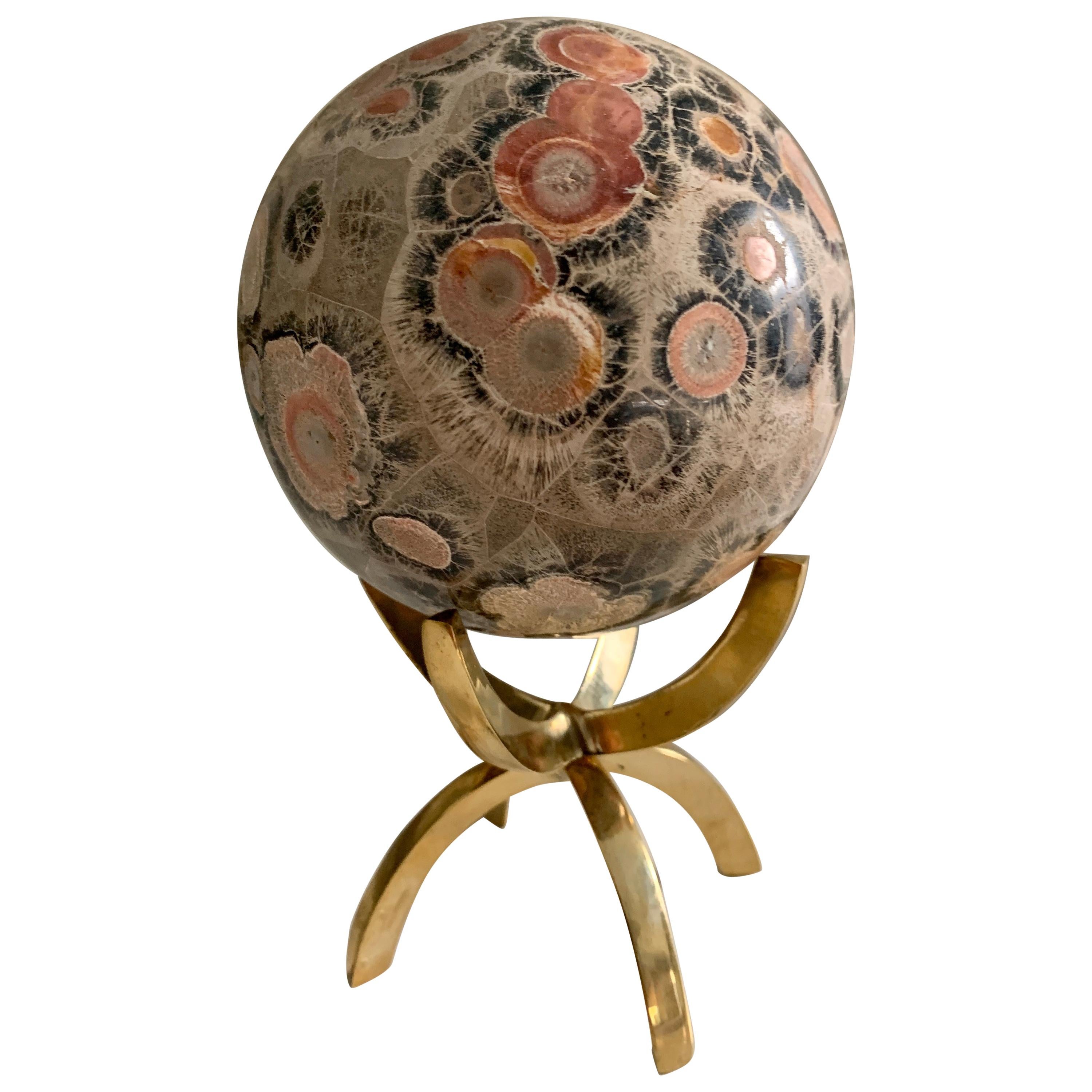 Safari Jasper Marble Stone Sphere on Brass Stand For Sale