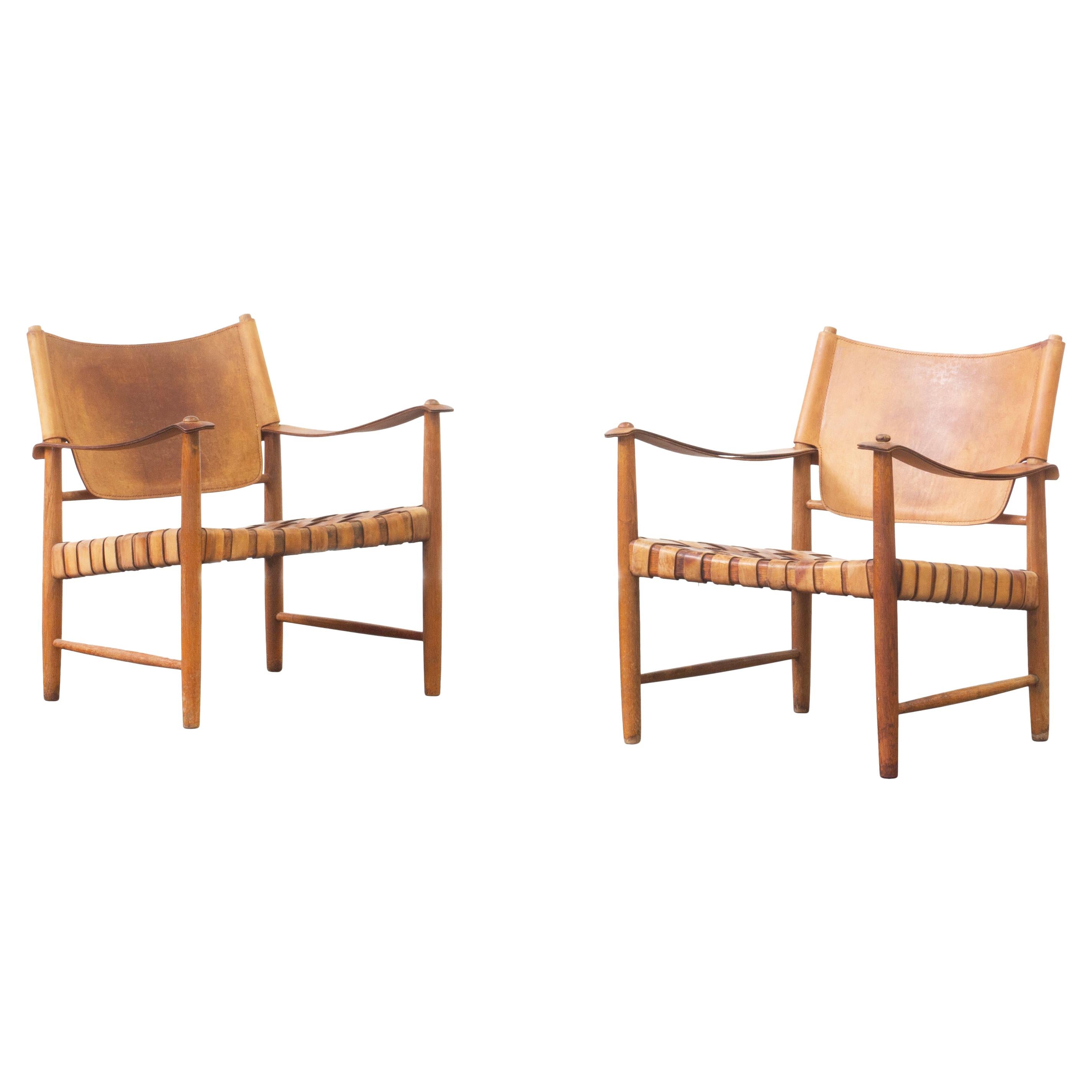 Safari Leather Lounge Chairs in the Style of Børge Mogensen For Sale