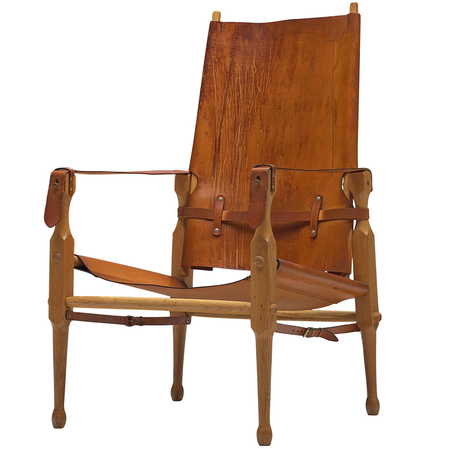 'Safari' Lounge Chair in Cognac Leather and Solid Beech