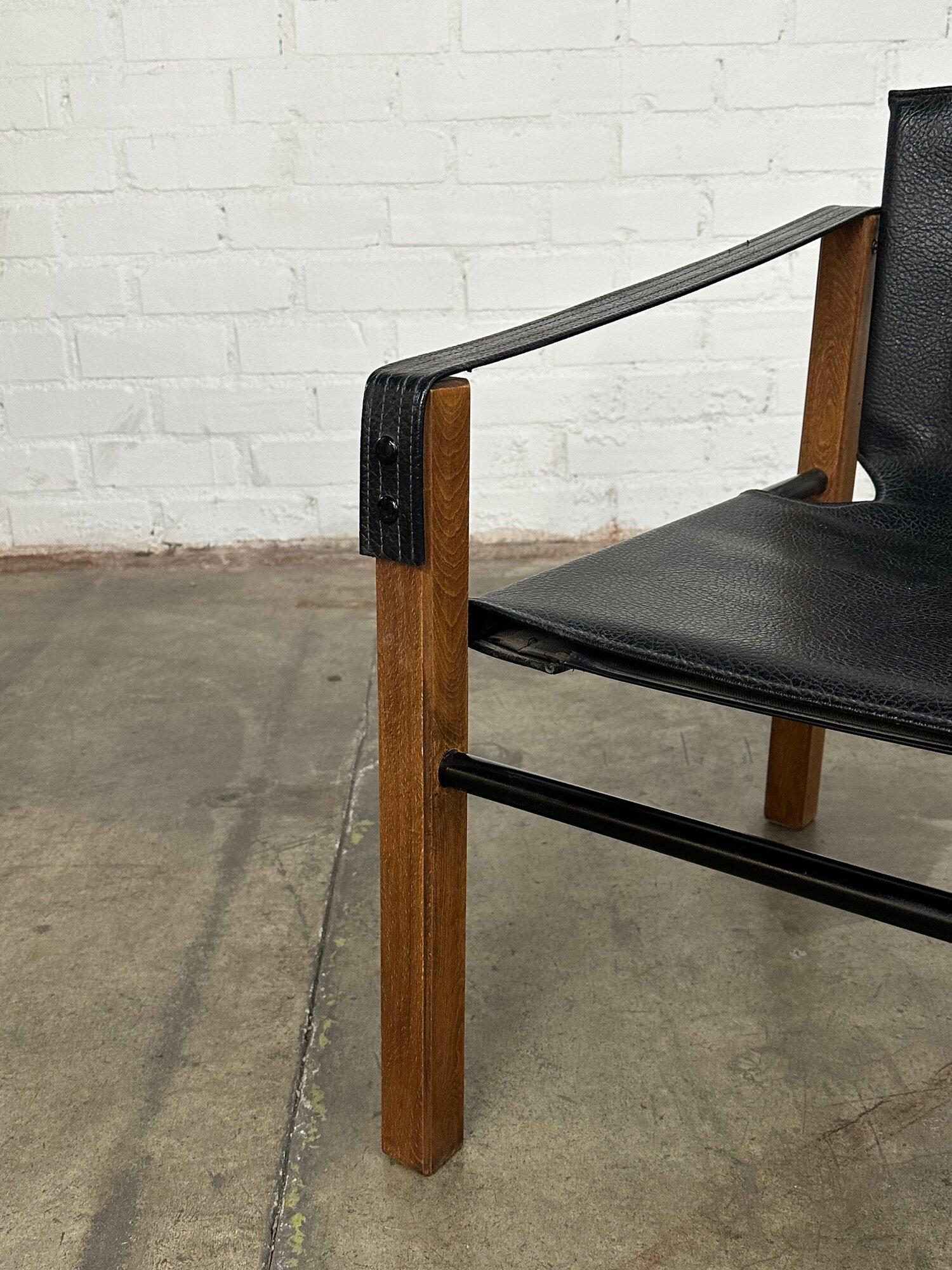 Mid-Century Modern Safari Style Lounge Chair in Black Leather