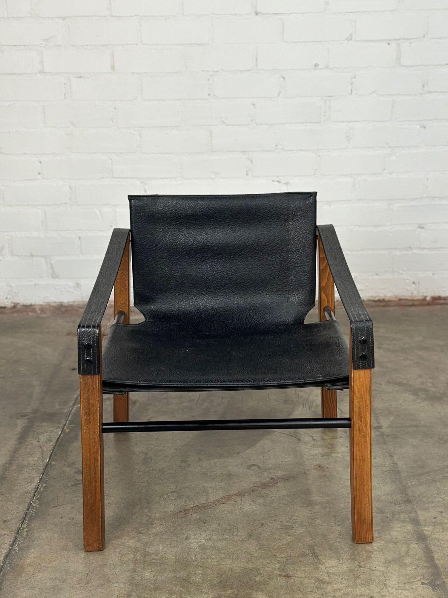 20th Century Safari Style Lounge Chair in Black Leather