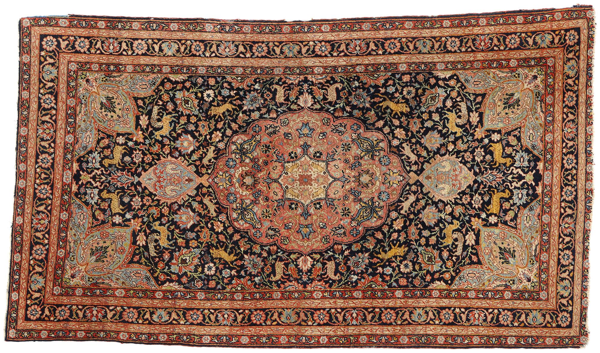Safavid Medallion and Animal Persian Tabriz Hunting Carpet For Sale 4