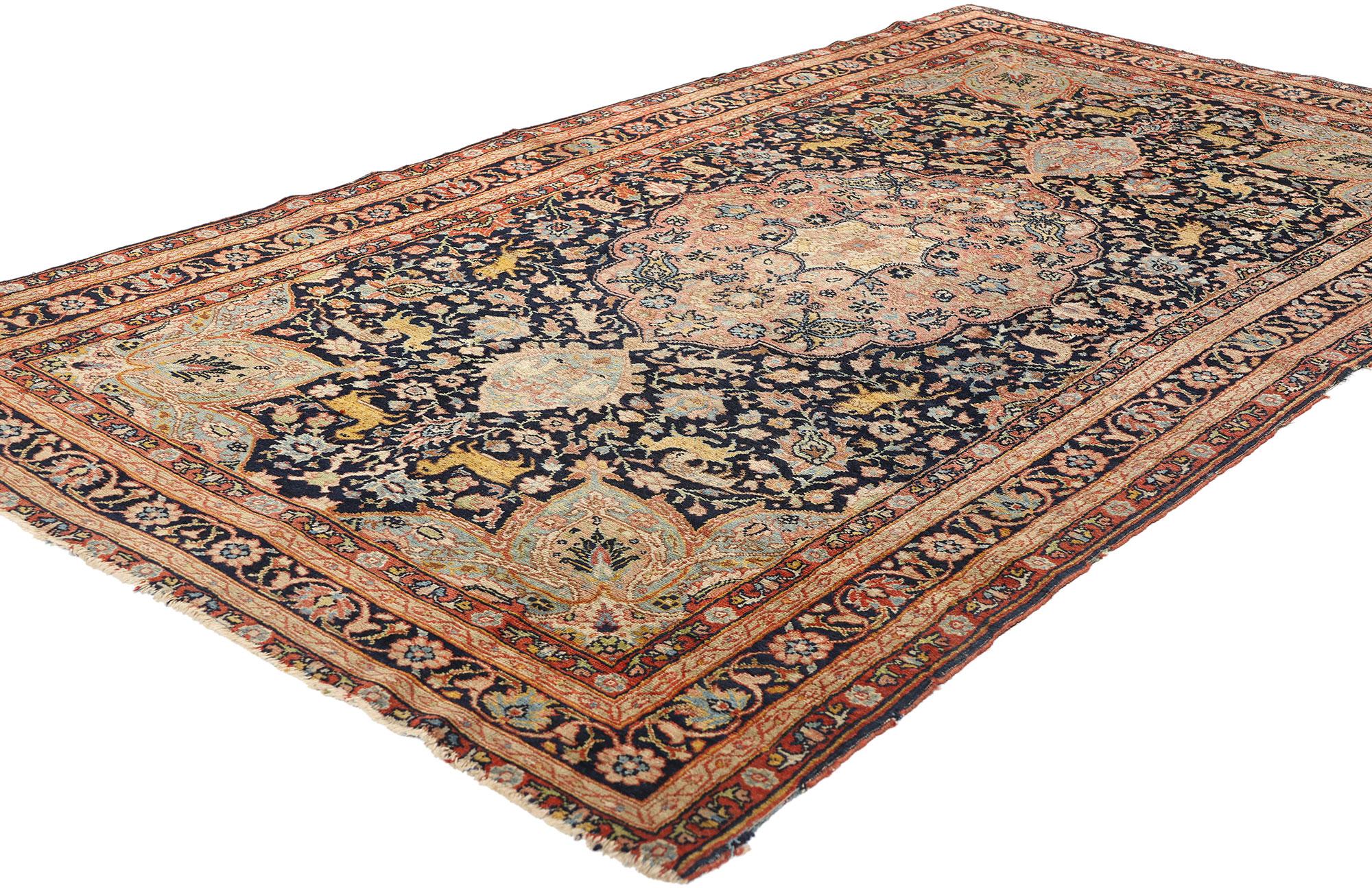 78772 Antiker schwarzer persischer Tabriz-Jagdteppich, 03'11 x 06'09. Safawidische 