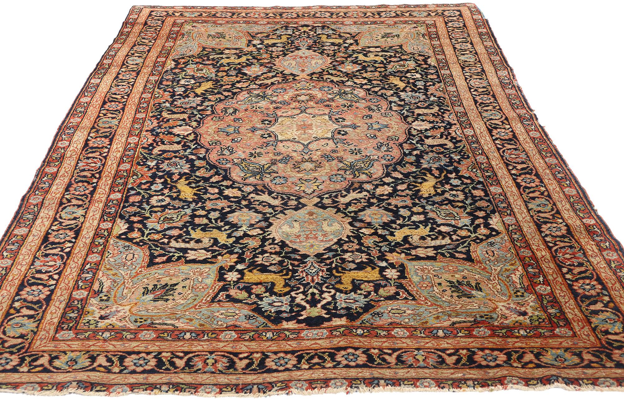 Hand-Knotted Safavid Medallion and Animal Persian Tabriz Hunting Carpet For Sale