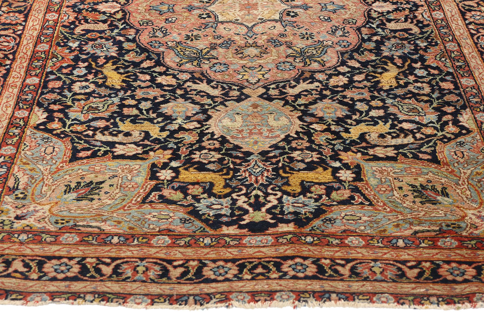 Safavid Medallion and Animal Persian Tabriz Hunting Carpet In Good Condition For Sale In Dallas, TX