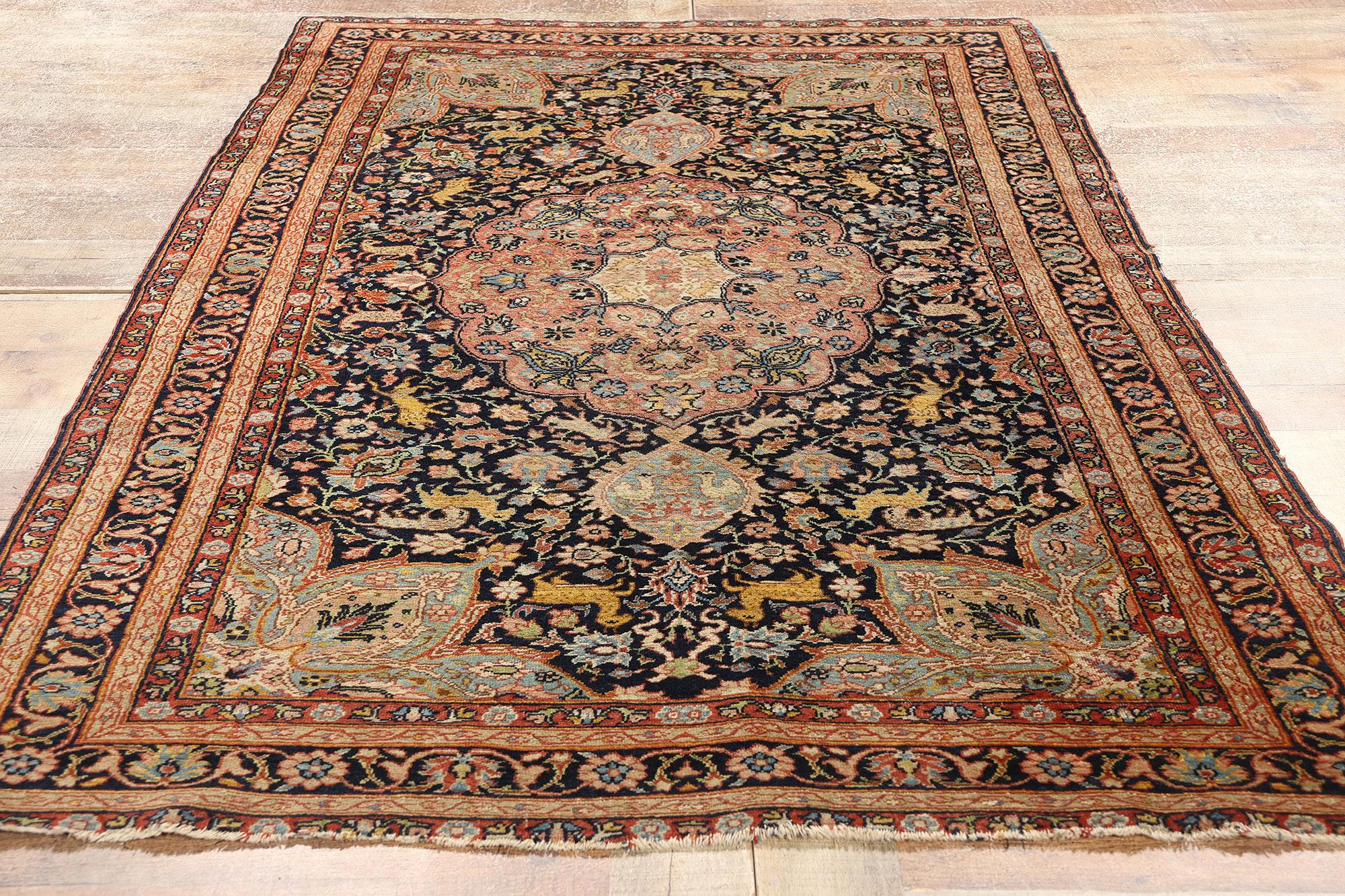 Safavid Medallion and Animal Persian Tabriz Hunting Carpet For Sale 2