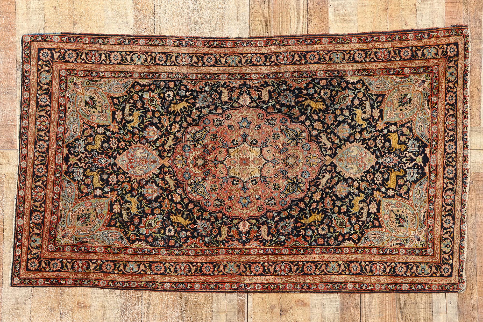 Safavid Medallion and Animal Persian Tabriz Hunting Carpet For Sale 3