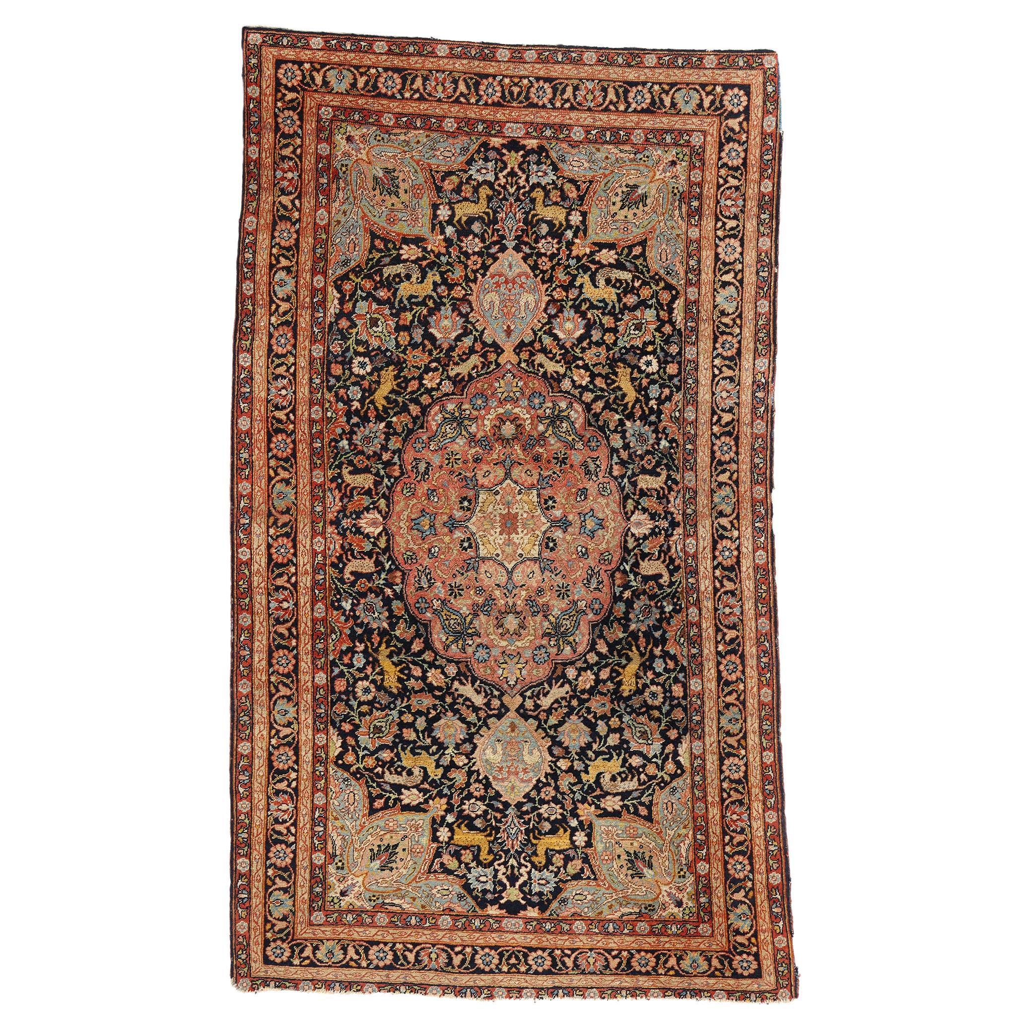 Safavid Medallion and Animal Persian Tabriz Hunting Carpet For Sale