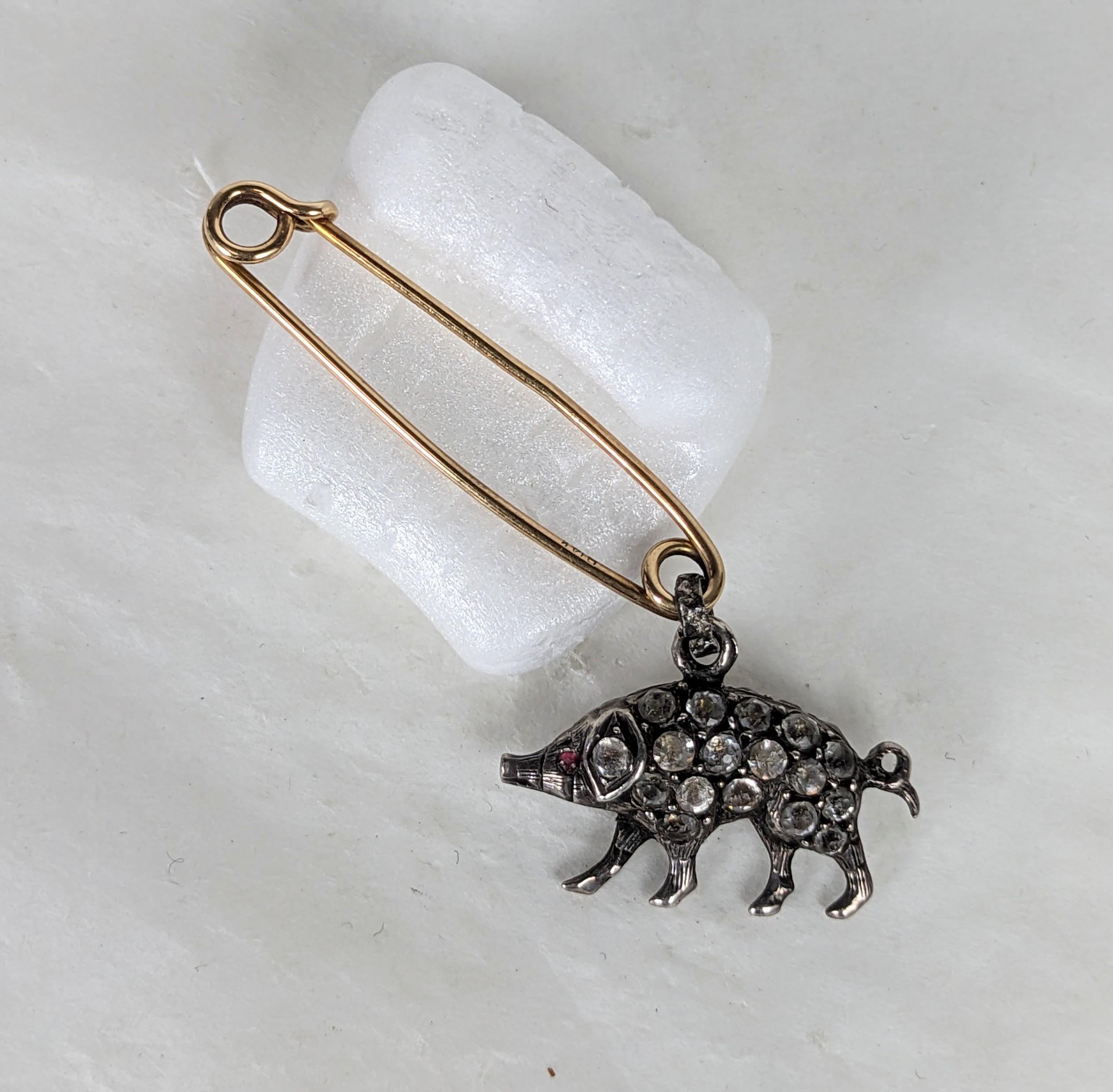 Charming Safety Pin Paste Pig Assemblage, Studio VL from the 2000's. A period 1930's 14k gold safety pin has been paired with a Victorian paste set pig in silver. A terrific versatile conversation piece. 1.5