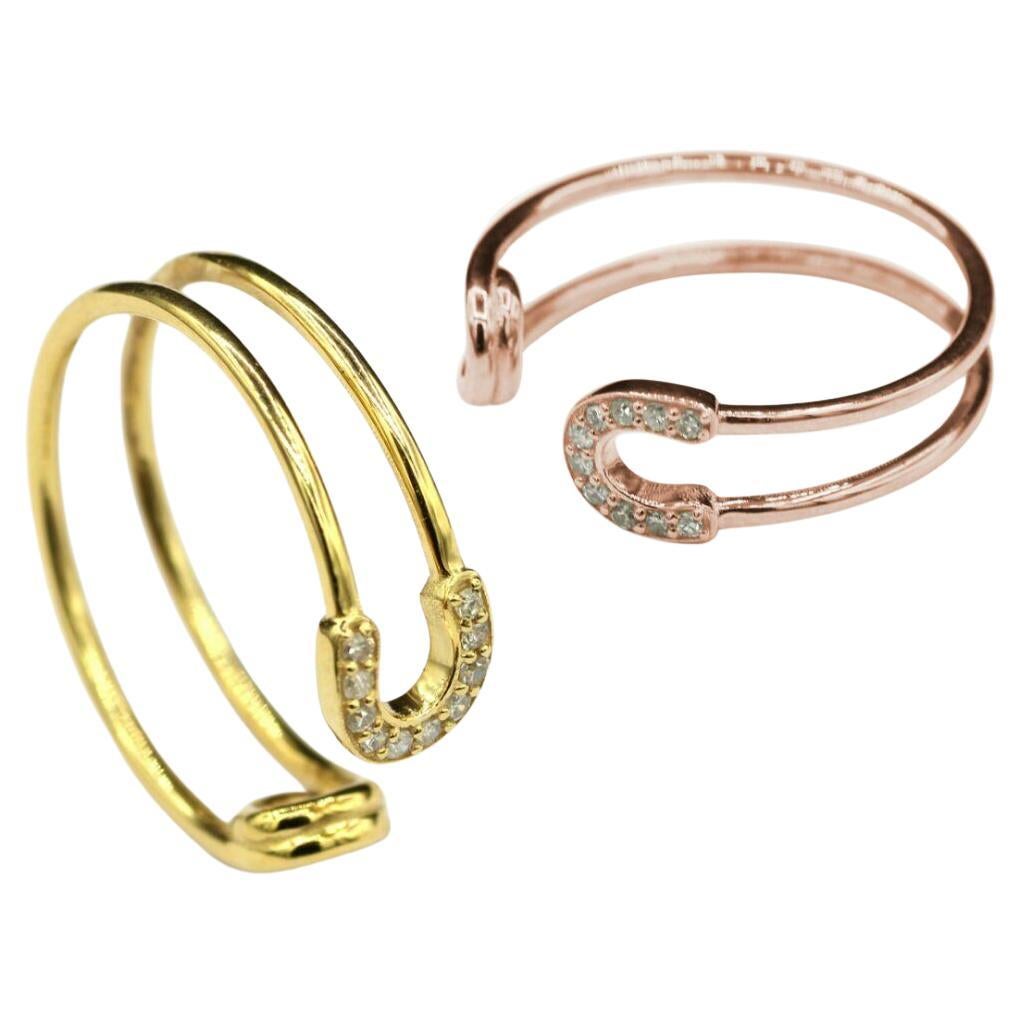 Safety Pin Shape Ring Band 14k Solid Gold Diamond Designer Ring Birthday Gift.