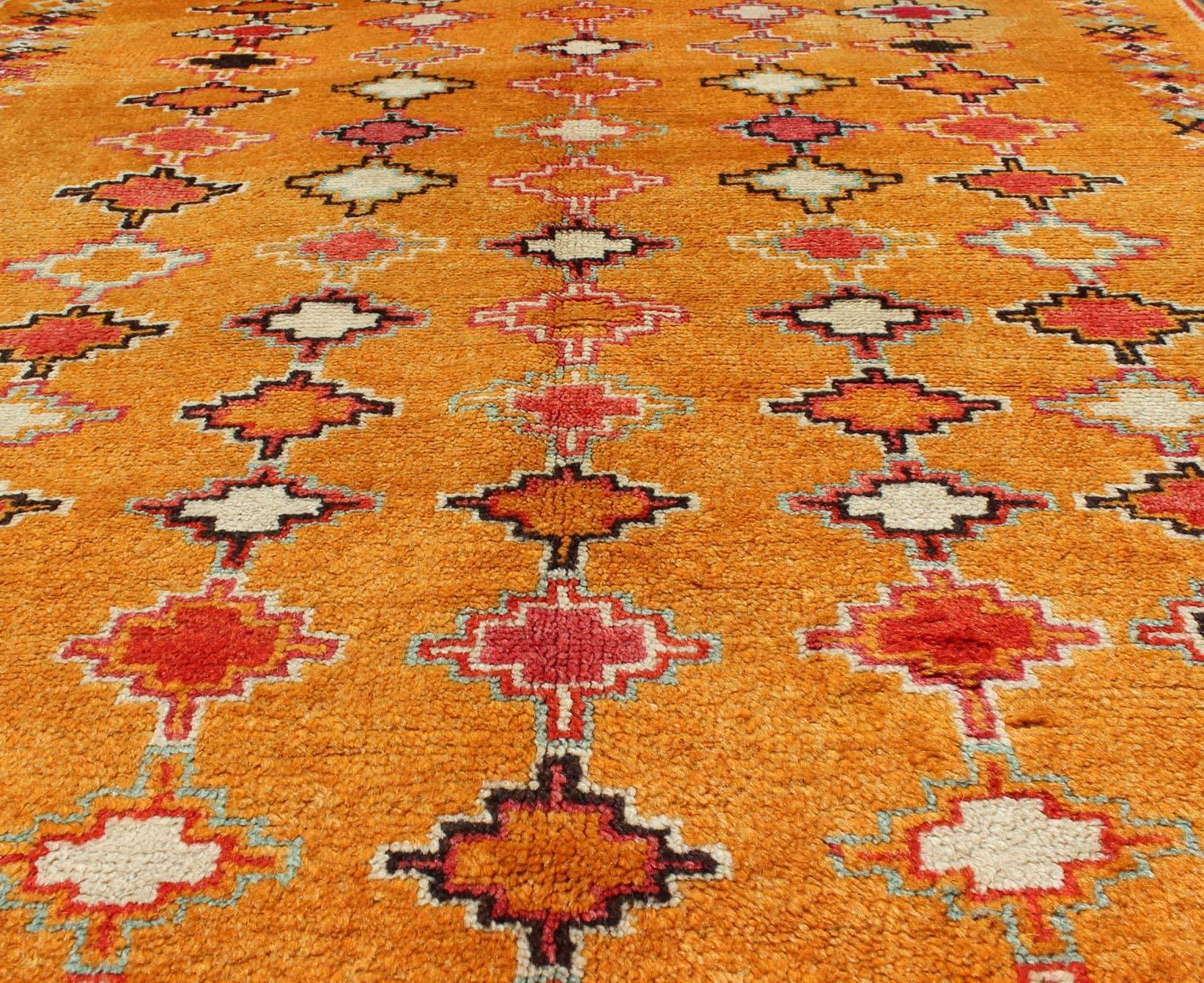 Saffron Colored Antique Moroccan Carpet with Geometric and Diamond Pattern  For Sale 1