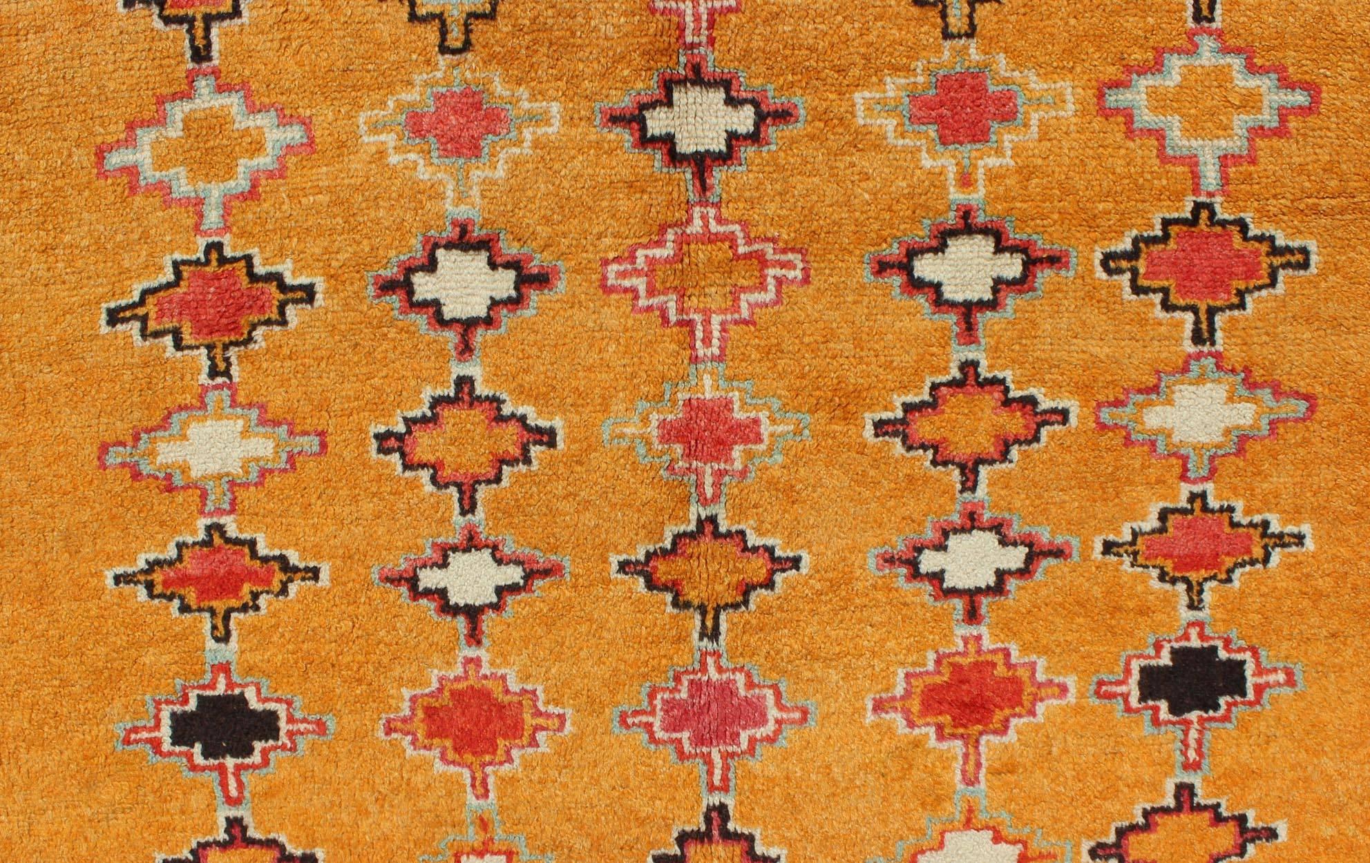 Saffron Colored Antique Moroccan Carpet with Geometric and Diamond Pattern  For Sale 2